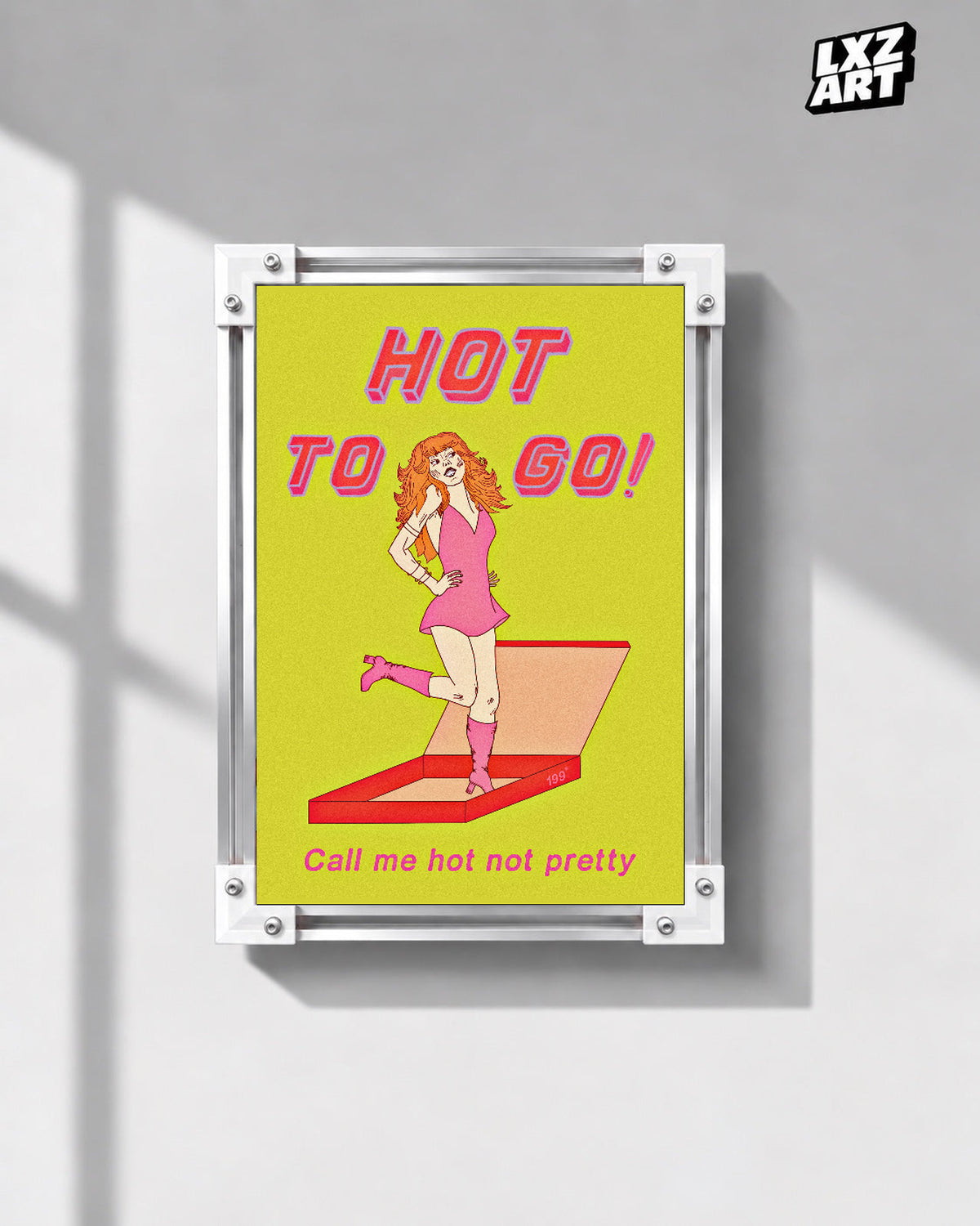 Chappell Roan Hot To Go Yellow Pink Illustration Poster | Unframed Music Wall Art — gray wall front view; frame for display only