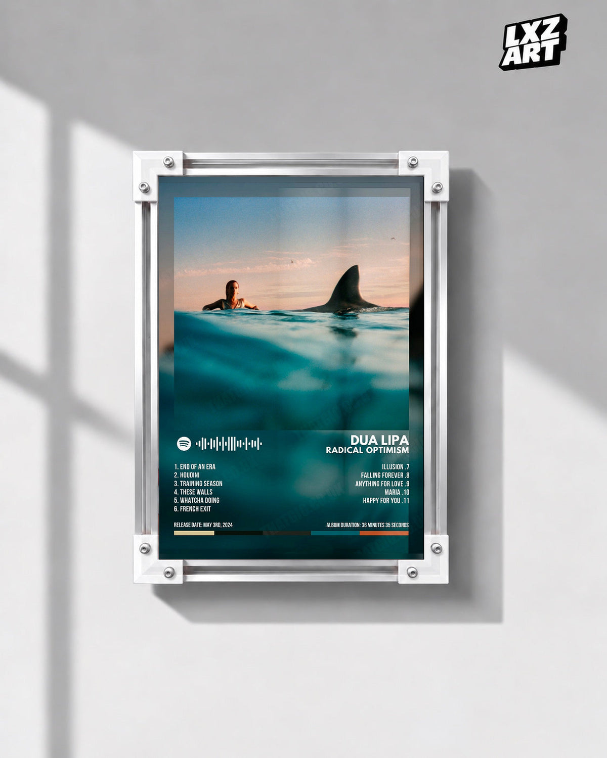 Dua Lipa Radical Optimism Ocean Tracklist Poster | Unframed Music Wall Art — gray wall front view; frame for display only