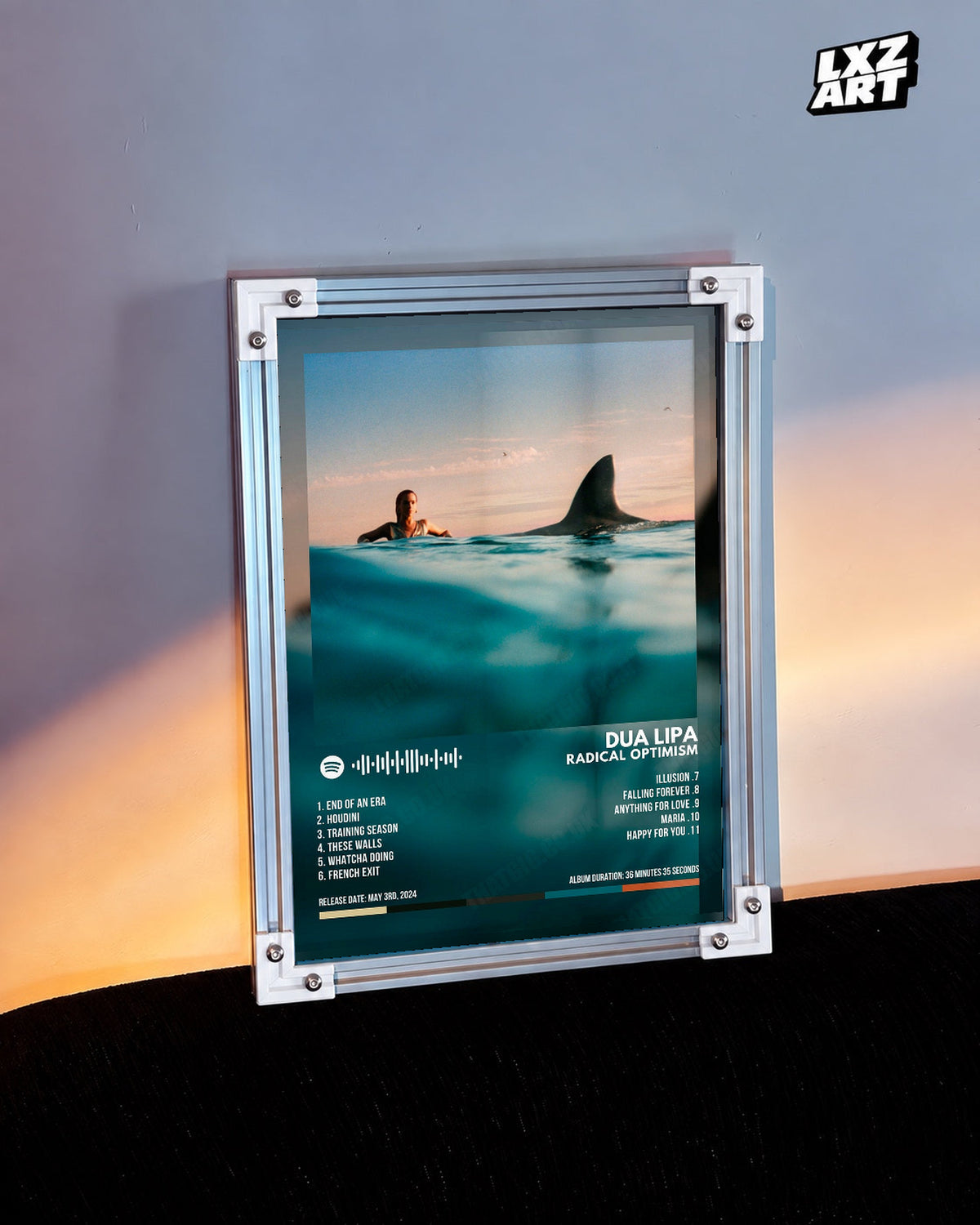 Dua Lipa Radical Optimism Ocean Tracklist Poster | Unframed Music Wall Art — warm-light wall scene; frame for display only