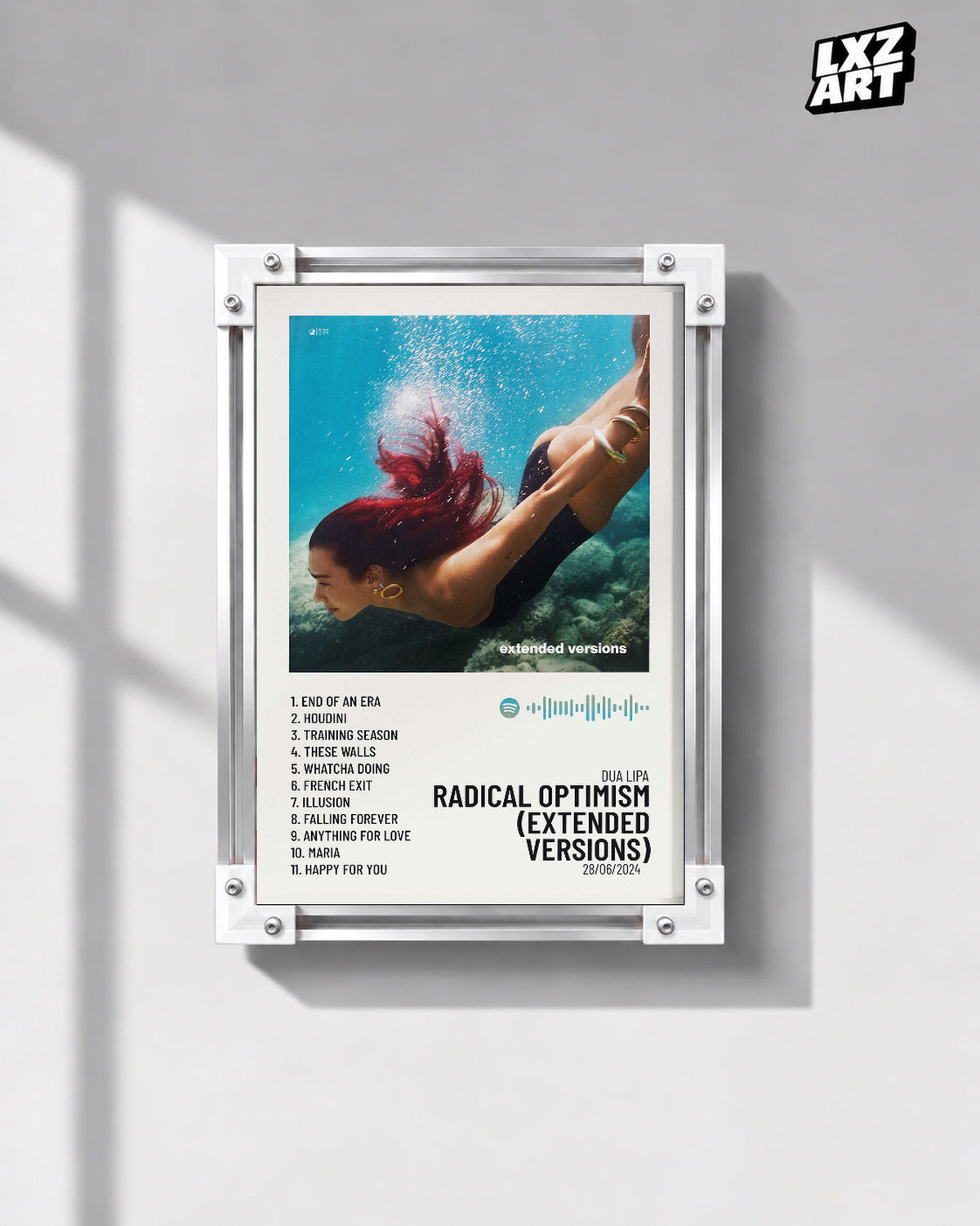 Dua Lipa Radical Optimism Extended Versions Underwater Tracklist Poster | Unframed Music Wall Art — gray wall front view; frame for display only
