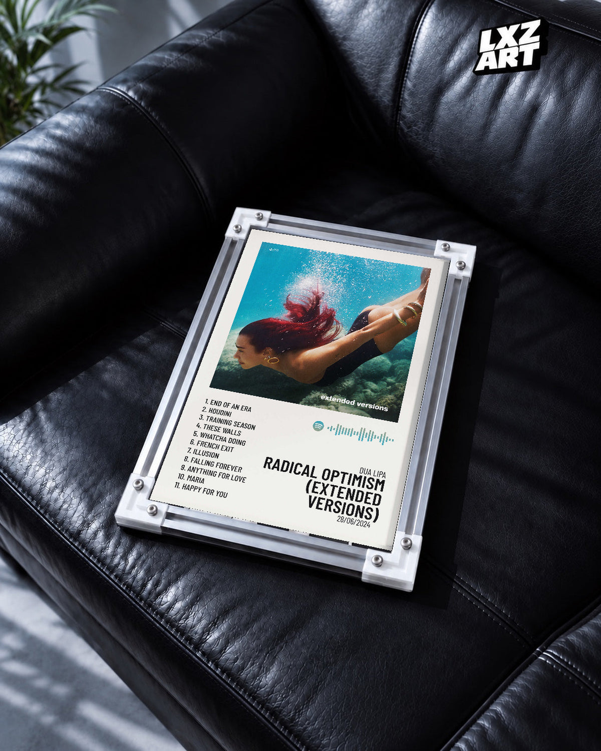 Dua Lipa Radical Optimism Extended Versions Underwater Tracklist Poster | Unframed Music Wall Art — black leather sofa scene; frame for display only