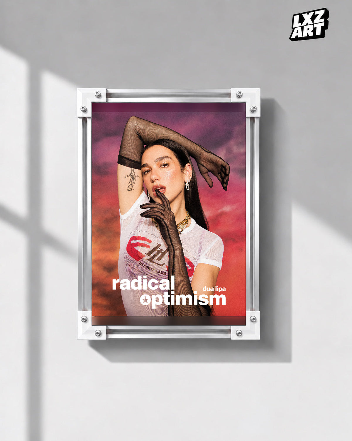 Dua Lipa Radical Optimism Sunset Portrait Poster | Unframed Music Wall Art — gray wall front view; frame for display only