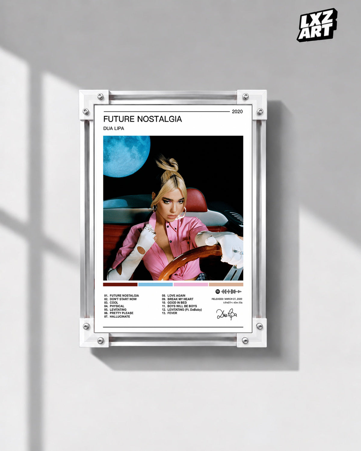 Dua Lipa Future Nostalgia Color Palette Tracklist Poster | Unframed Music Wall Art — gray wall front view; frame for display only
