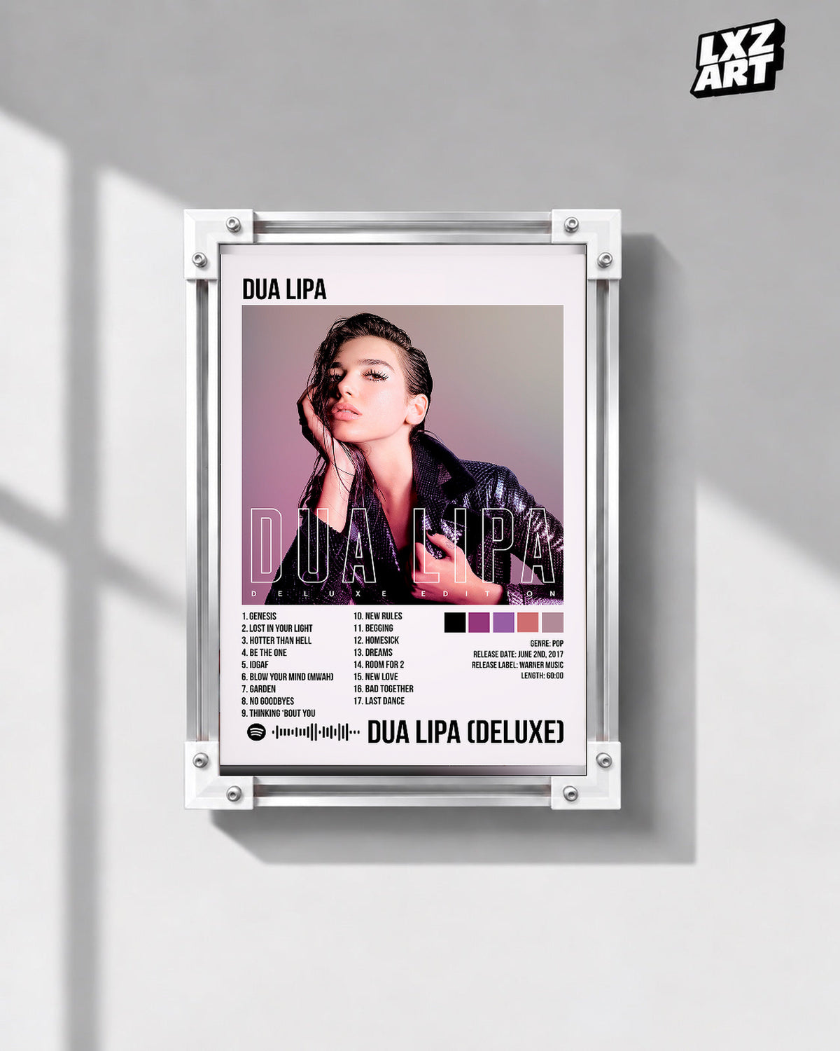 Dua Lipa Deluxe Purple Portrait Tracklist Poster | Unframed Music Wall Art — gray wall front view; frame for display only