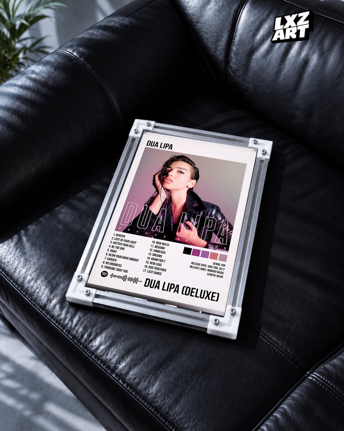 Dua Lipa Deluxe Purple Portrait Tracklist Poster | Unframed Music Wall Art — black leather sofa scene; frame for display only