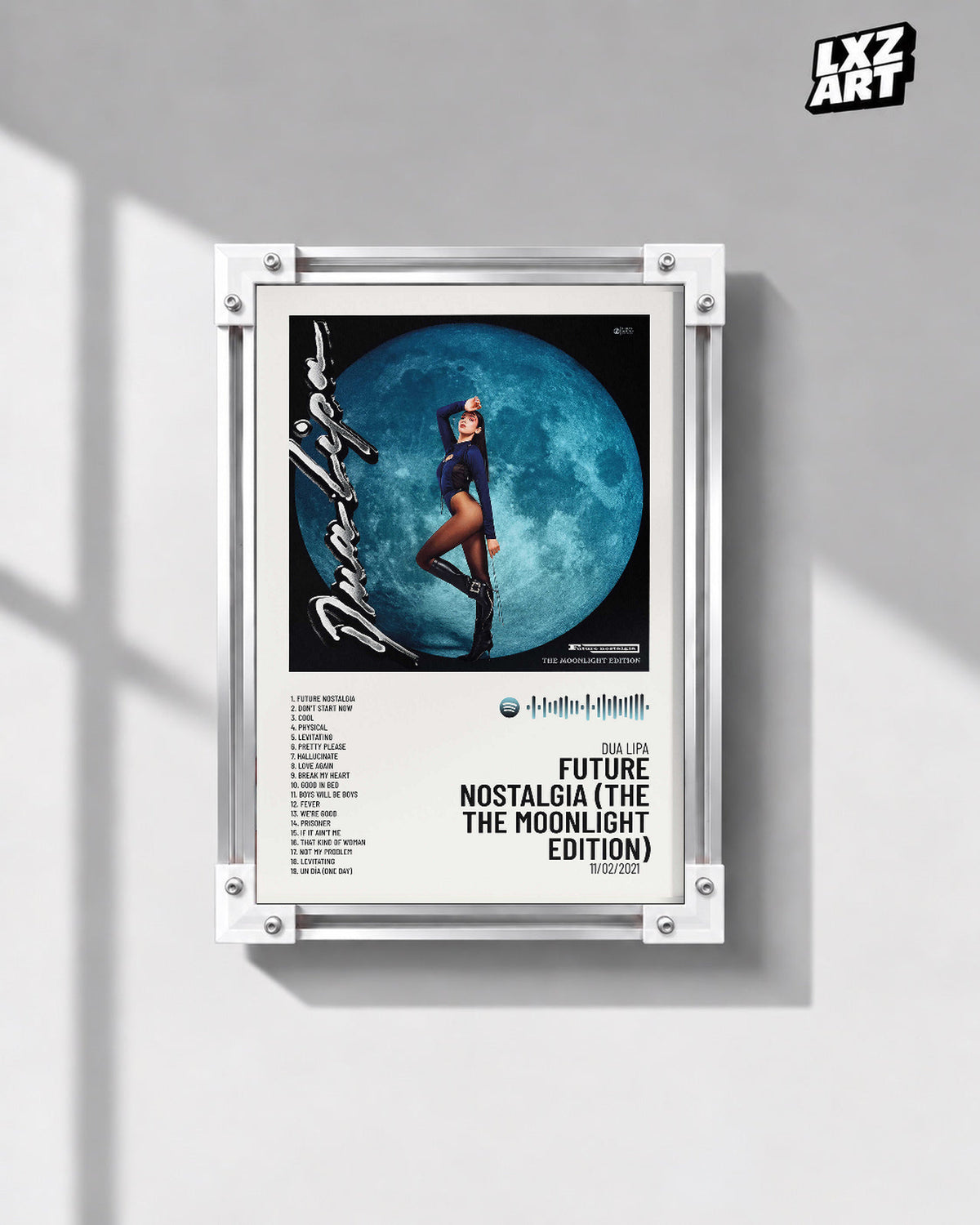 Dua Lipa Future Nostalgia Moonlight Edition Tracklist Poster | Unframed Music Wall Art — gray wall front view; frame for display only