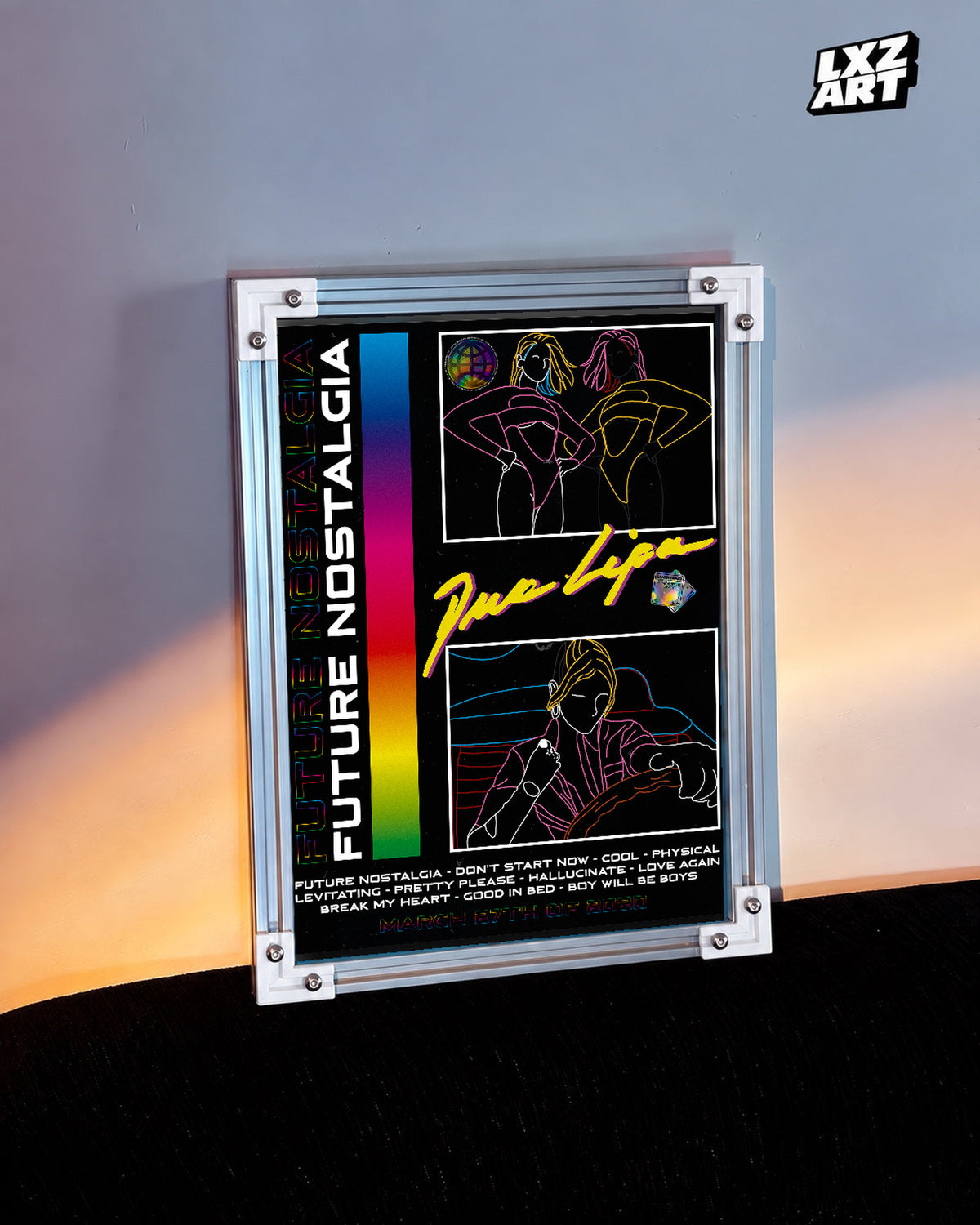 Dua Lipa Future Nostalgia Neon Line Art Poster | Unframed Music Wall Art — warm-light wall scene; frame for display only