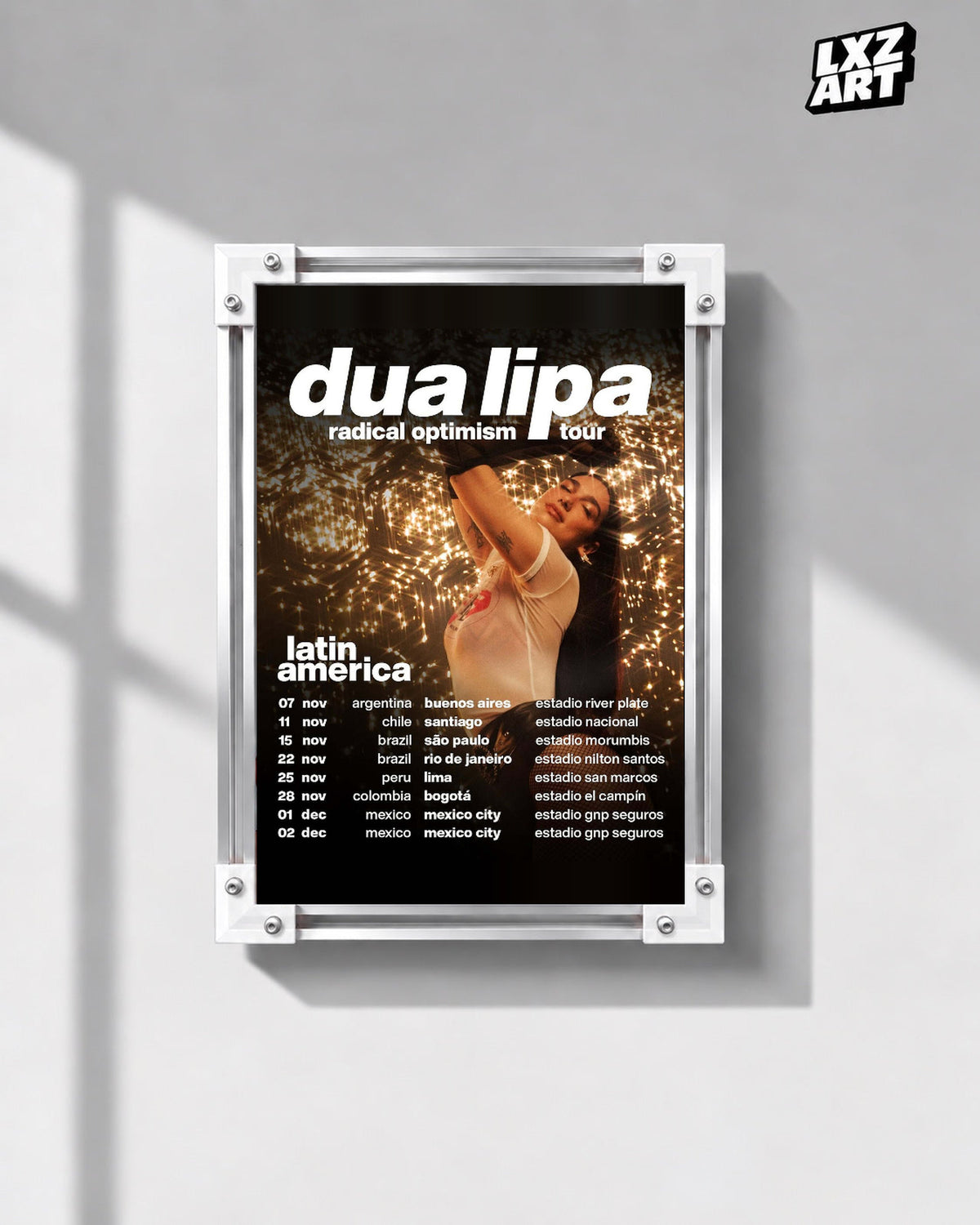 Dua Lipa Radical Optimism Latin America Tour Poster | Unframed Music Wall Art — gray wall front view; frame for display only