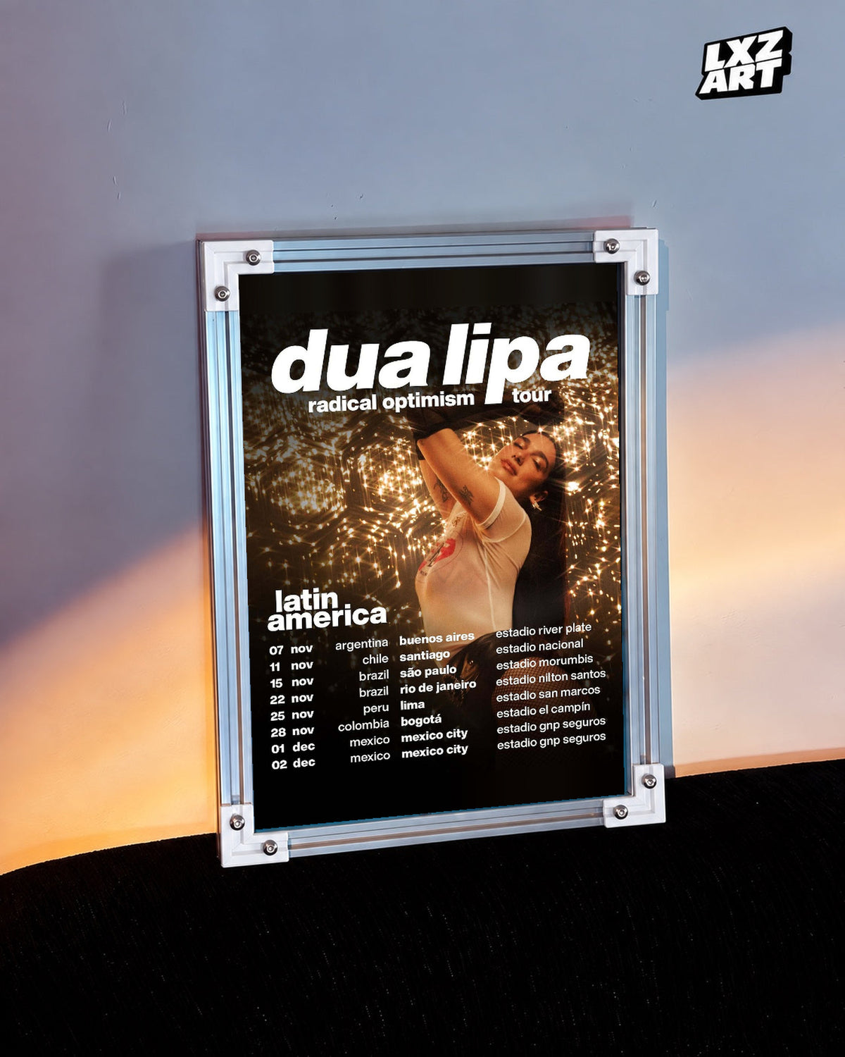 Dua Lipa Radical Optimism Latin America Tour Poster | Unframed Music Wall Art — warm-light wall scene; frame for display only