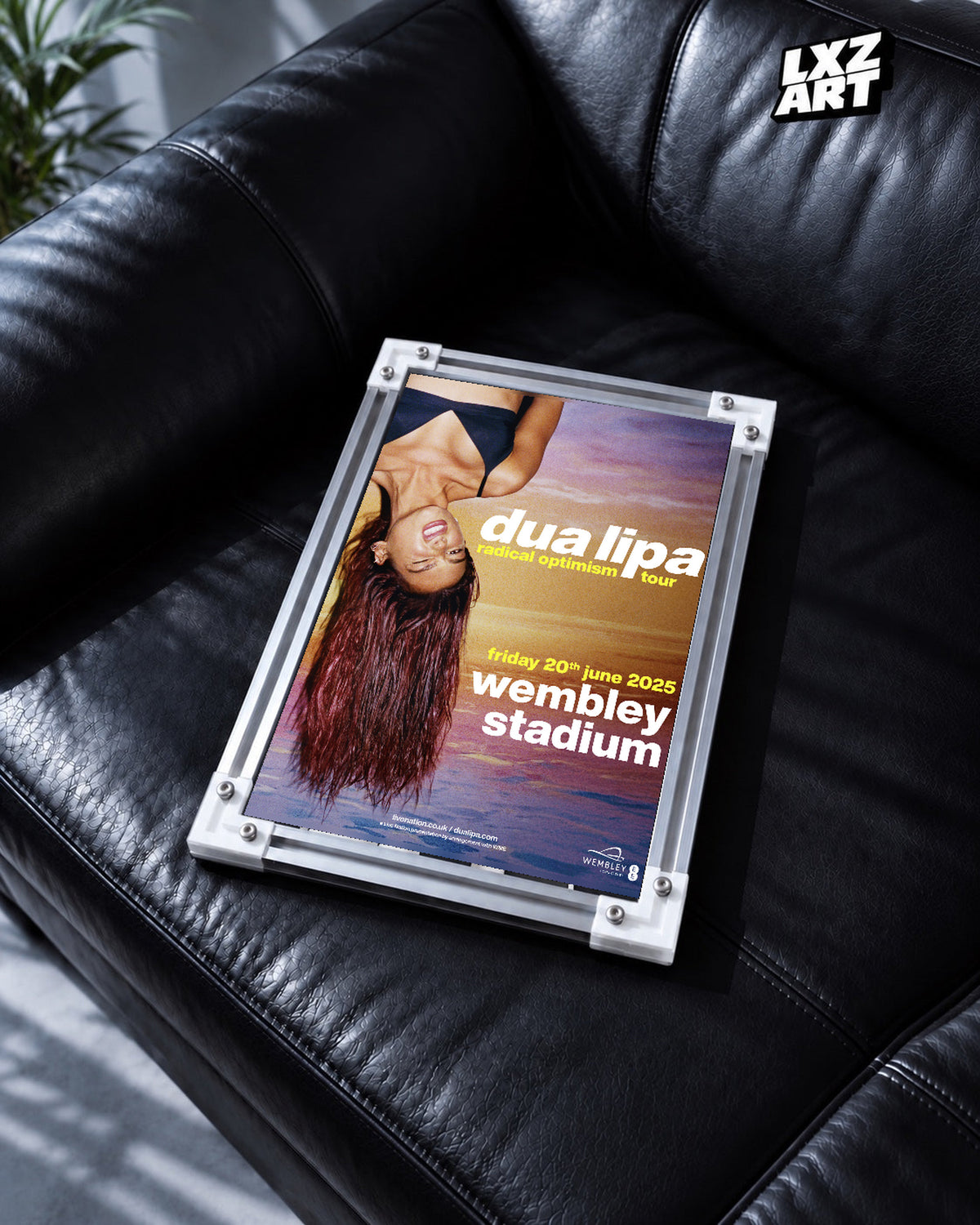 Dua Lipa Radical Optimism Wembley Stadium Tour Poster | Unframed Music Wall Art — black leather sofa scene; frame for display only