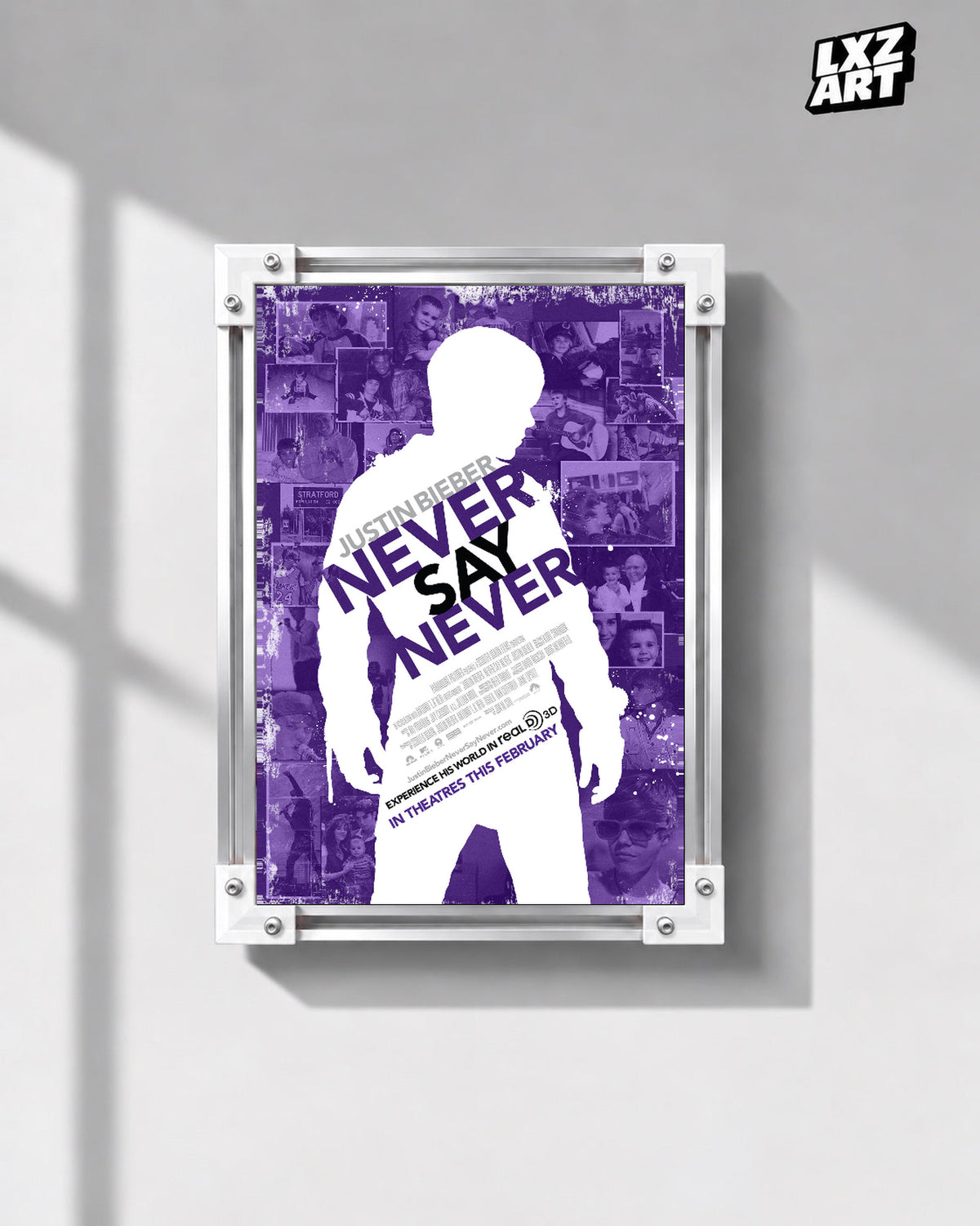 Justin Bieber Never Say Never Purple Collage Concert Film Poster displayed in a white-corner frame on a gray wall. Frame for display only.