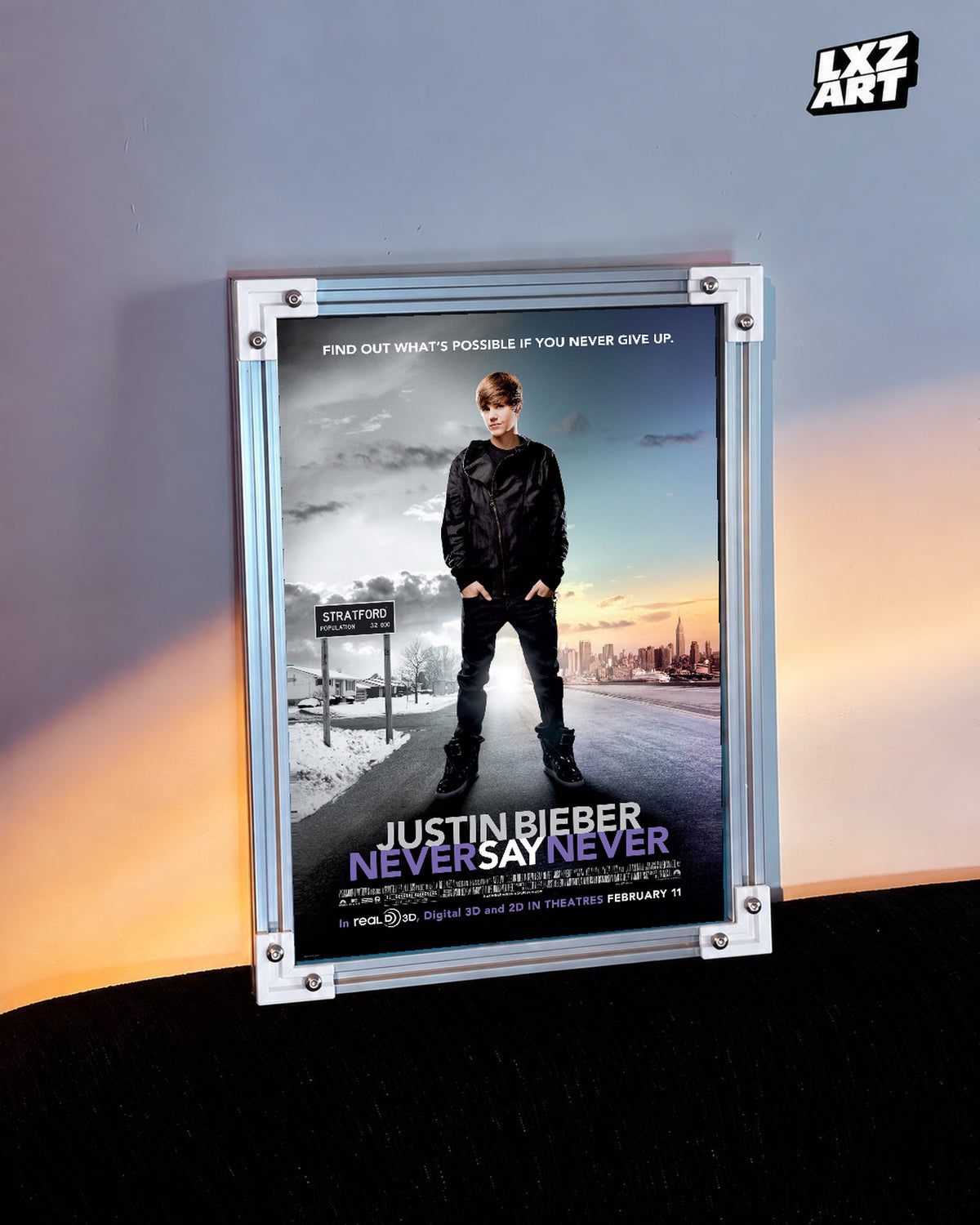 Justin Bieber Never Say Never City Road Concert Film Poster displayed in a white-corner frame against a warm-lit wall. Frame for display only.