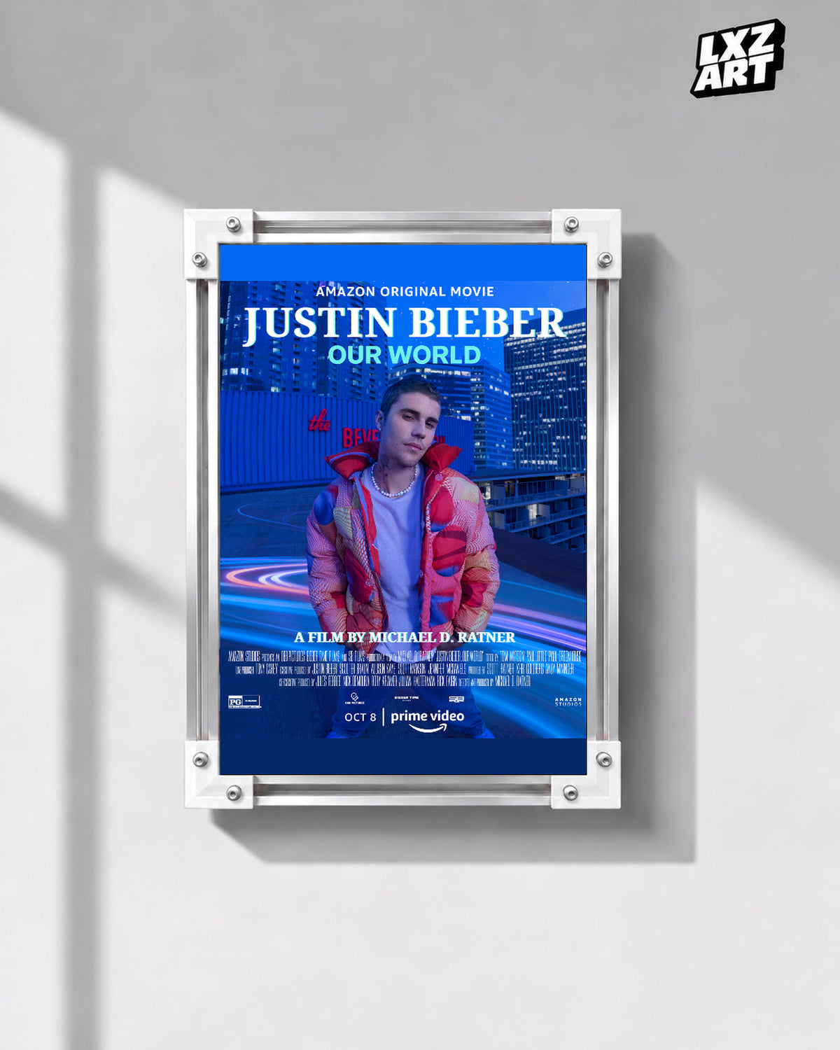 Justin Bieber Our World Blue City Concert Documentary Poster displayed in a white-corner frame on a gray wall. Frame for display only.