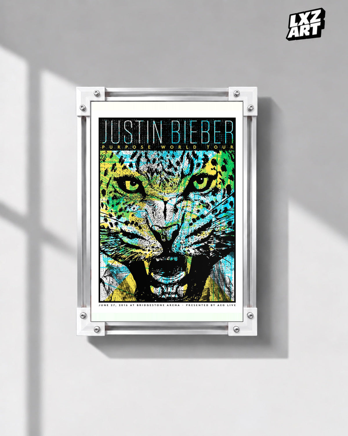 Justin Bieber Purpose World Tour Nashville Jaguar Poster displayed in a white-corner frame on a gray wall. Frame for display only.