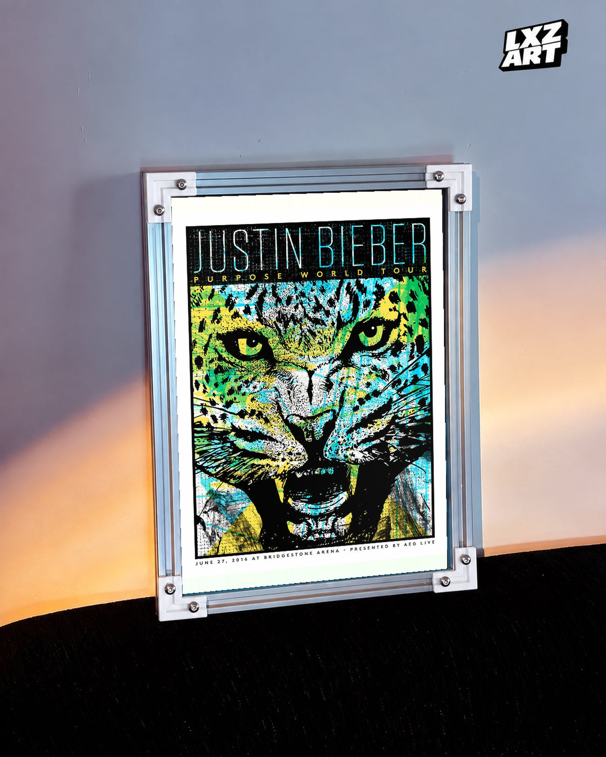 Justin Bieber Purpose World Tour Nashville Jaguar Poster displayed in a white-corner frame against a warm-lit wall. Frame for display only.