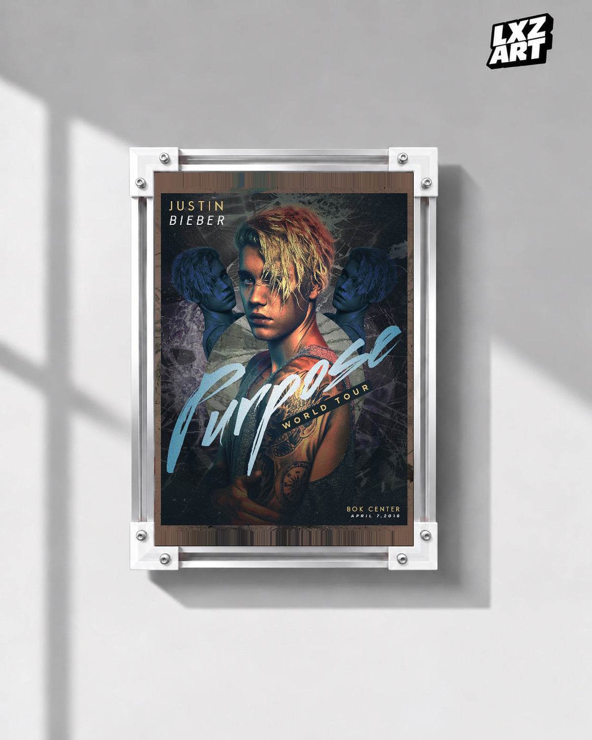 Justin Bieber Purpose World Tour Tulsa Portrait Poster displayed in a white-corner frame on a gray wall. Frame for display only.