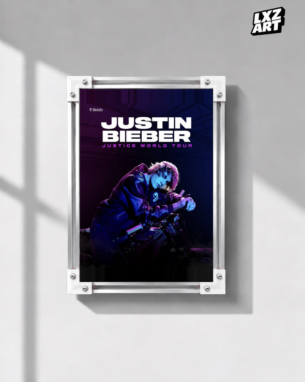 Justin Bieber Justice World Tour Blue Motorcycle Poster displayed in a white-corner frame on a gray wall. Frame for display only.