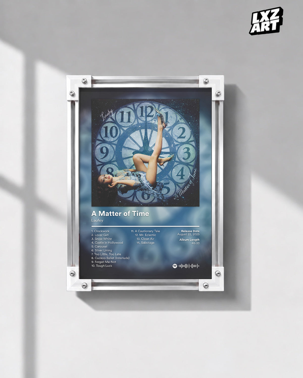 Laufey A Matter of Time Blue Clock Tracklist Poster | Unframed Music Wall Art — gray wall front view; frame for display only