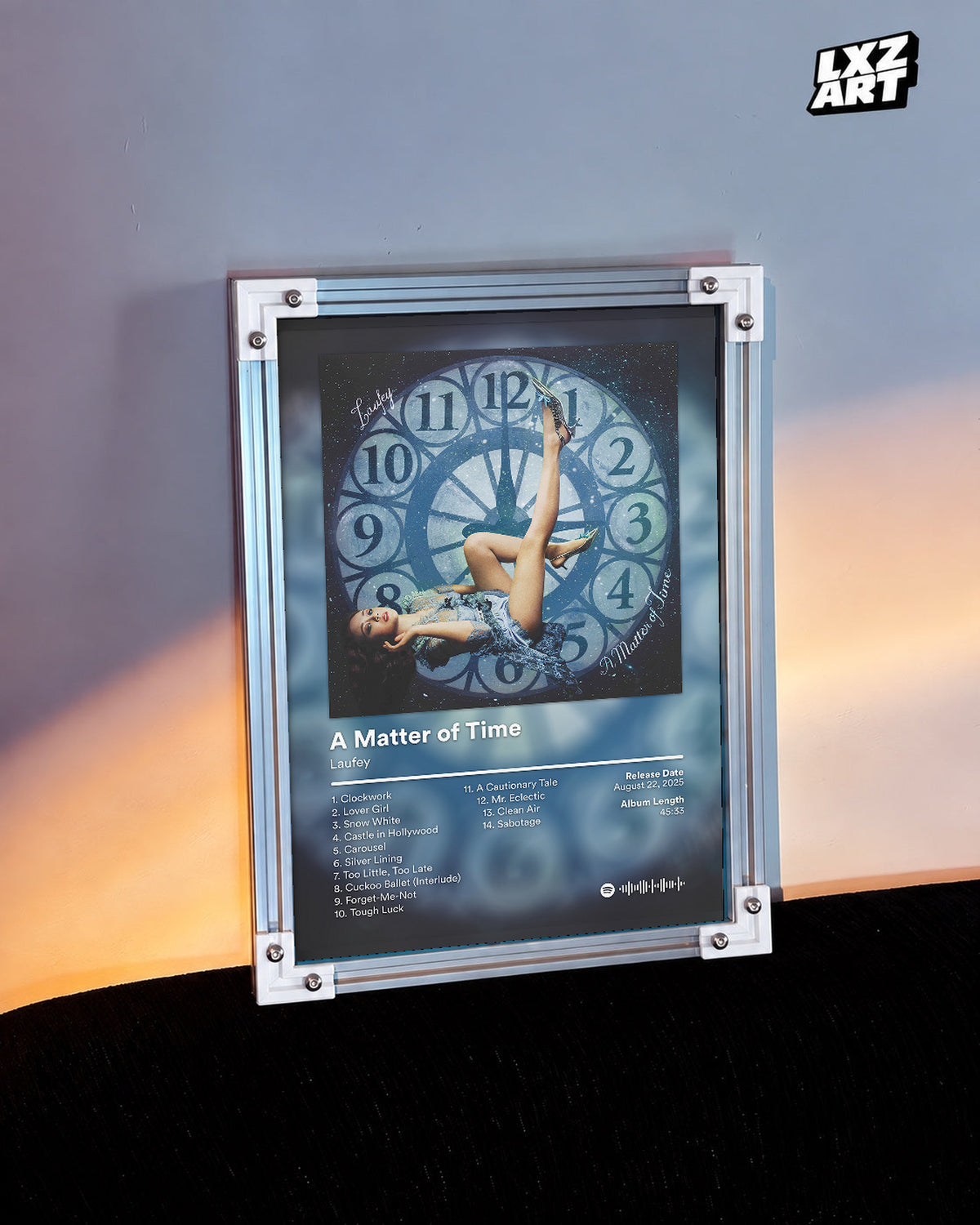 Laufey A Matter of Time Blue Clock Tracklist Poster | Unframed Music Wall Art — warm-light wall scene; frame for display only