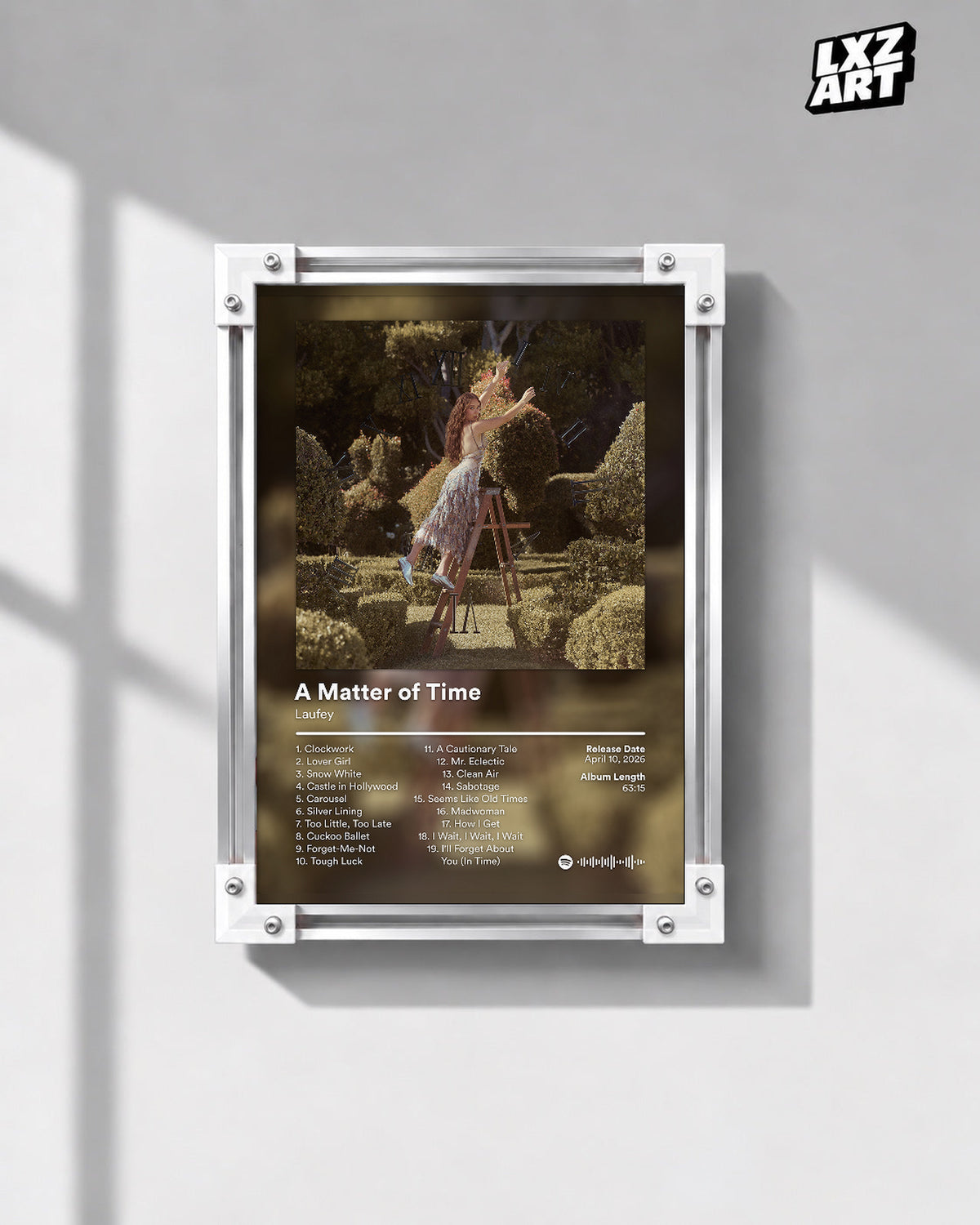 Laufey A Matter of Time The Final Hour Garden Tracklist Poster | Unframed Music Wall Art — gray wall front view; frame for display only