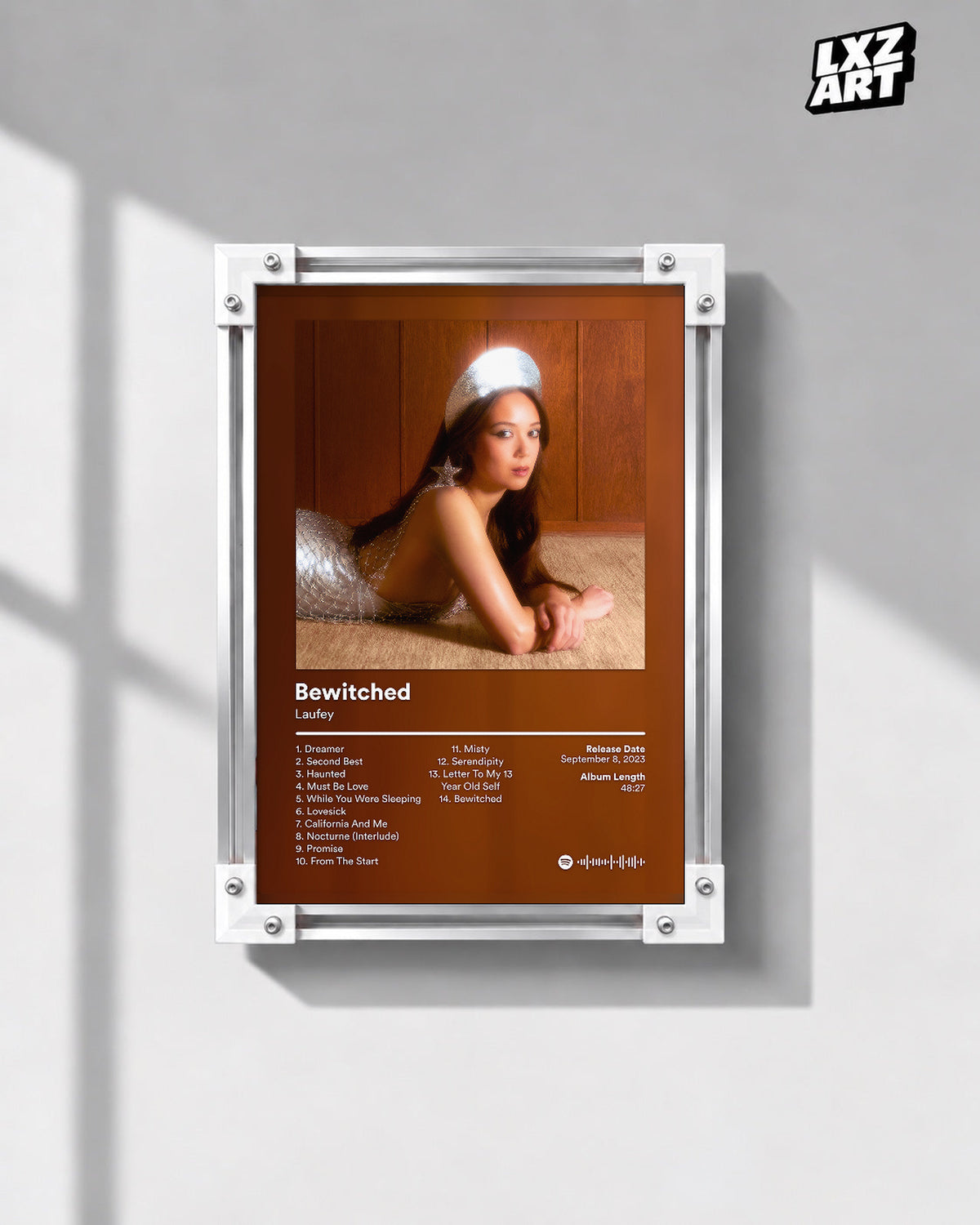 Laufey Bewitched Brown Portrait Tracklist Poster | Unframed Music Wall Art — gray wall front view; frame for display only