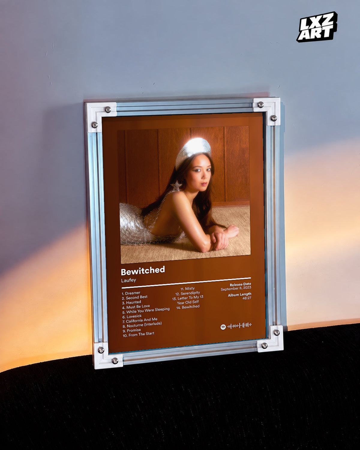 Laufey Bewitched Brown Portrait Tracklist Poster | Unframed Music Wall Art — warm-light wall scene; frame for display only