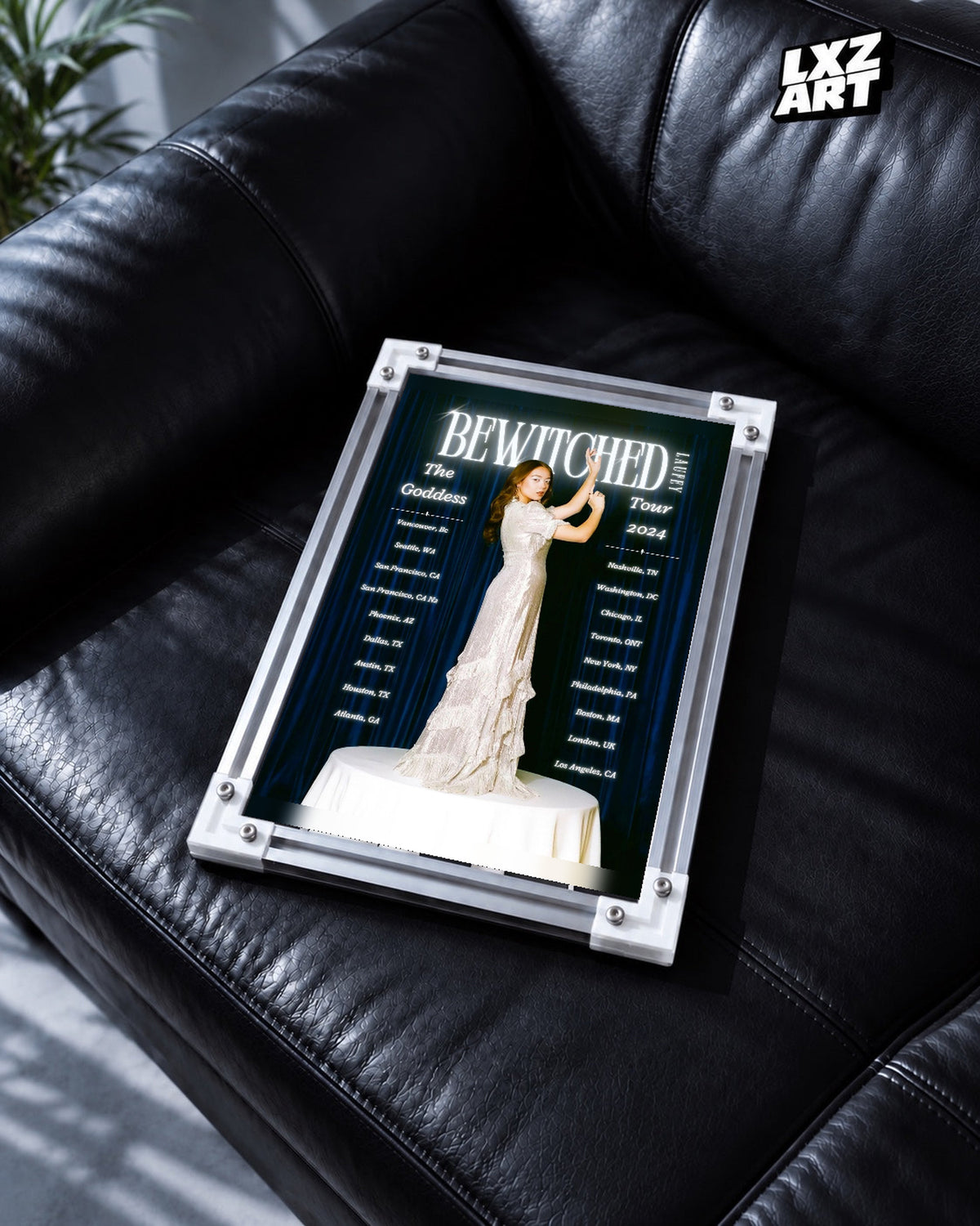 Laufey Bewitched The Goddess Tour Blue Curtain Poster | Unframed Music Wall Art — black leather sofa scene; frame for display only