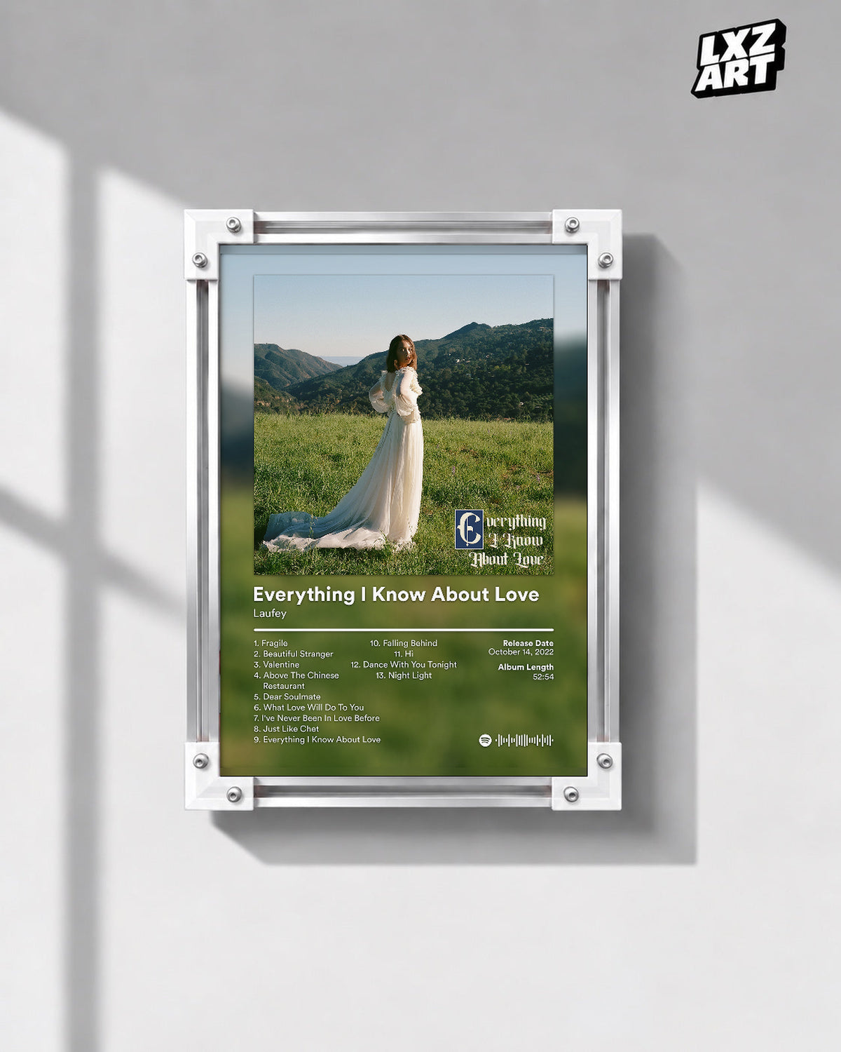 Laufey Everything I Know About Love Meadow Tracklist Poster | Unframed Music Wall Art — gray wall front view; frame for display only