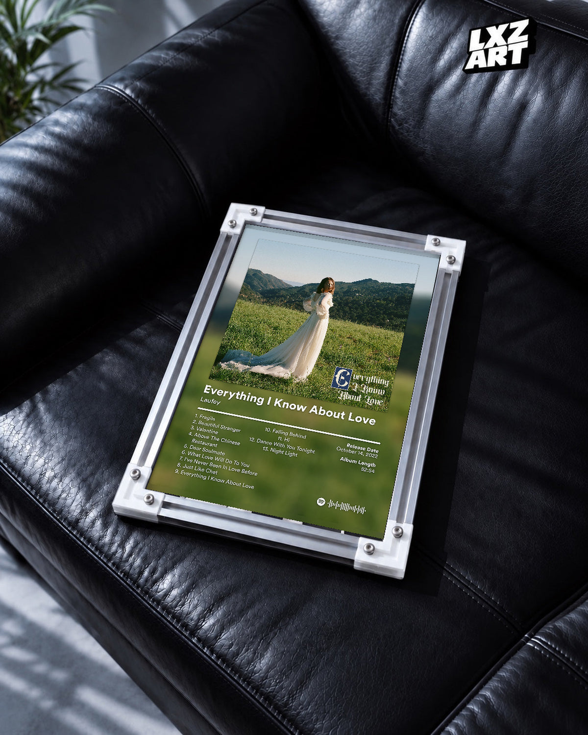 Laufey Everything I Know About Love Meadow Tracklist Poster | Unframed Music Wall Art — black leather sofa scene; frame for display only