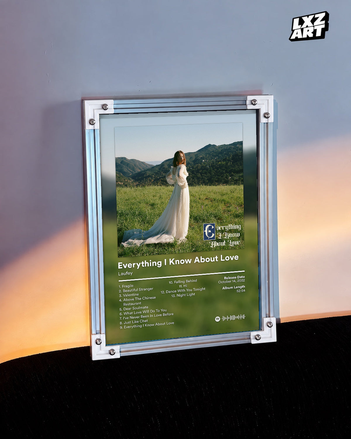 Laufey Everything I Know About Love Meadow Tracklist Poster | Unframed Music Wall Art — warm-light wall scene; frame for display only