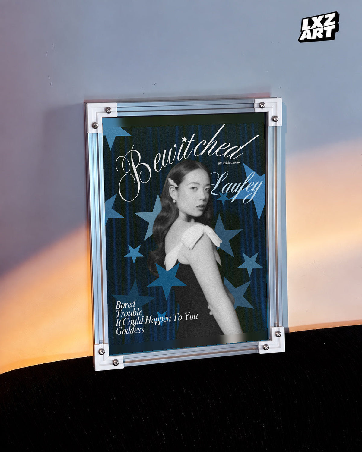 Laufey Bewitched Goddess Edition Blue Stars Portrait Poster | Unframed Music Wall Art — warm-light wall scene; frame for display only