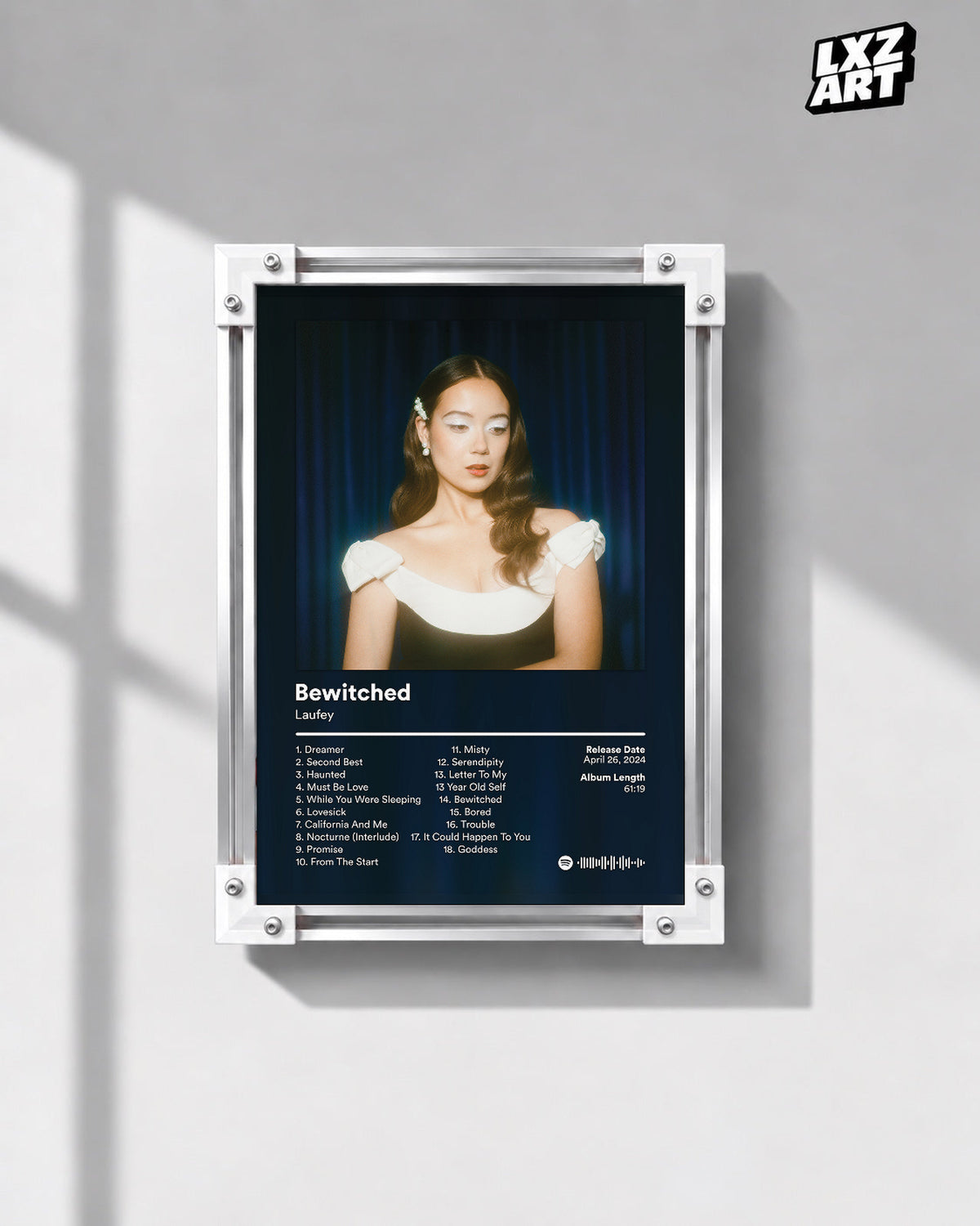 Laufey Bewitched Goddess Edition Blue Curtain Tracklist Poster | Unframed Music Wall Art — gray wall front view; frame for display only