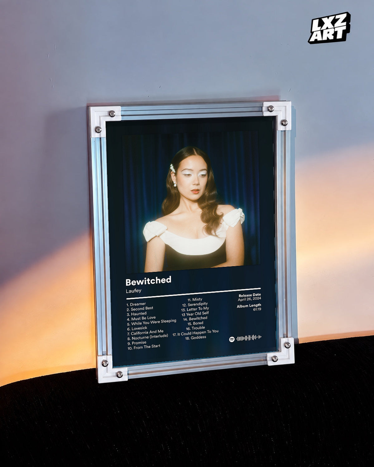 Laufey Bewitched Goddess Edition Blue Curtain Tracklist Poster | Unframed Music Wall Art — warm-light wall scene; frame for display only