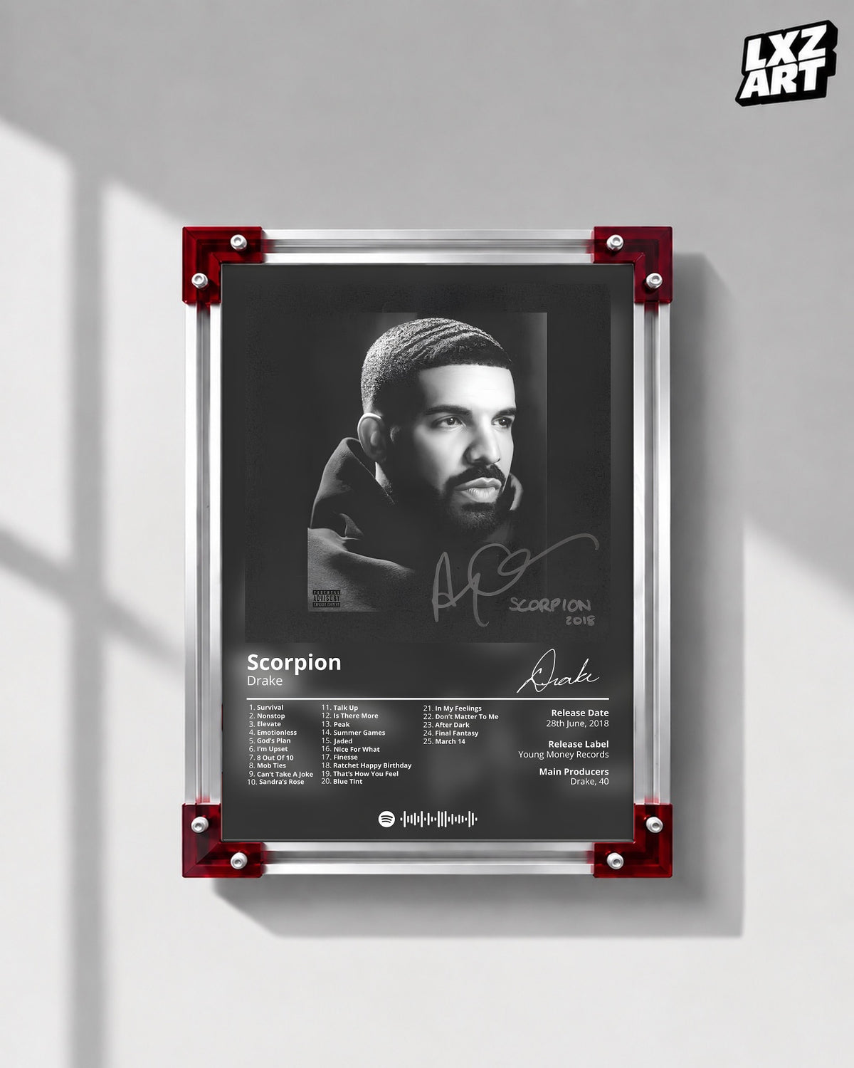 Drake Scorpion Tracklist Poster | Unframed Bedroom Wall Art — LXZART display 1; frame not included