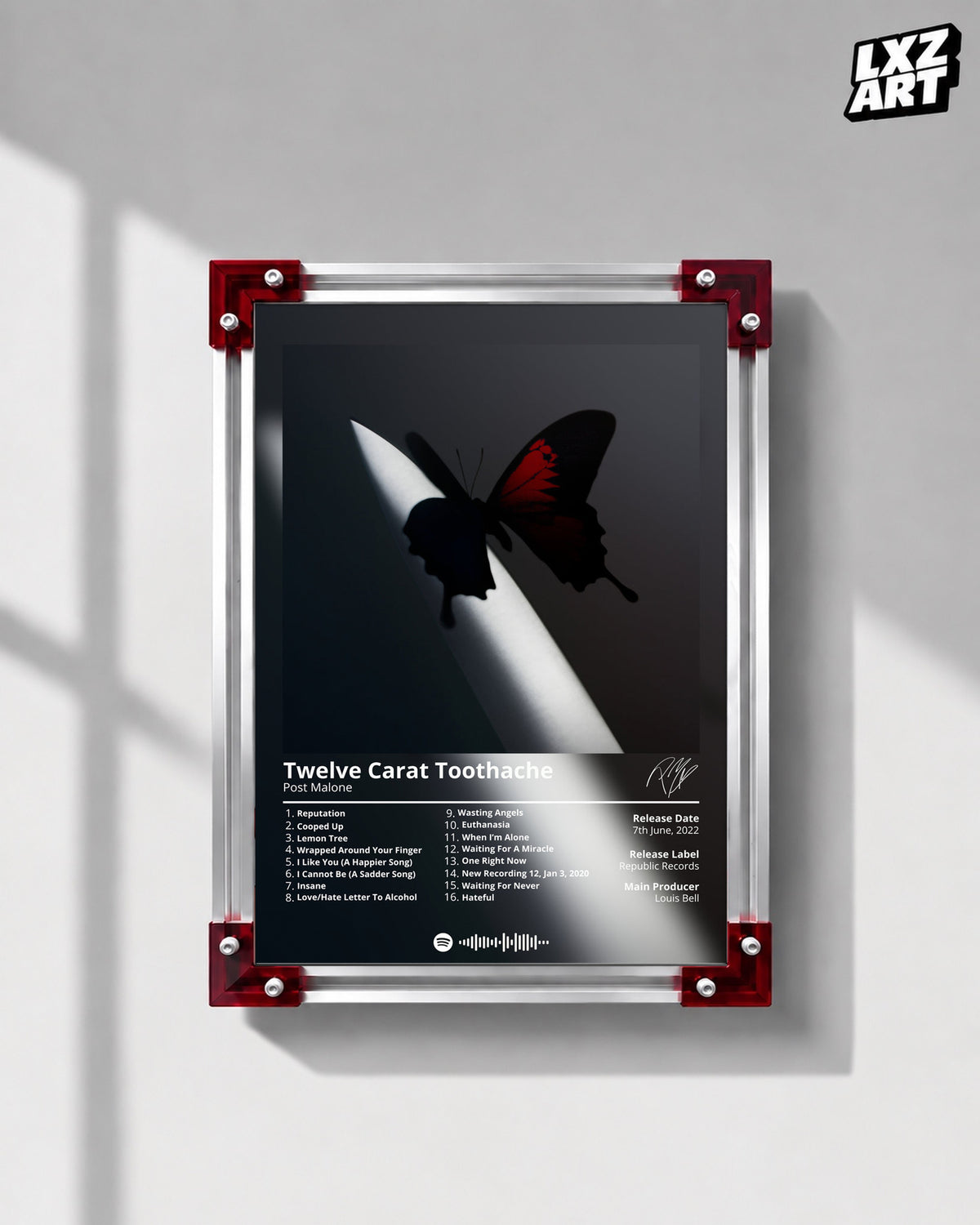 Post Malone Twelve Carat Toothache Tracklist Poster | Unframed Bedroom Wall Art — LXZART display 1; frame not included