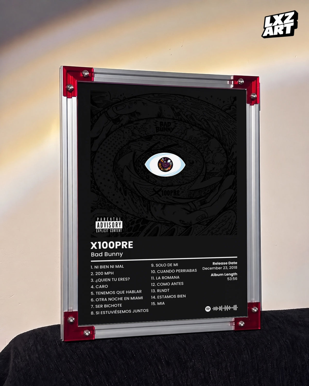 Bad Bunny X100PRE Tracklist Poster | Unframed Bedroom Wall Art — LXZART display 3; frame not included