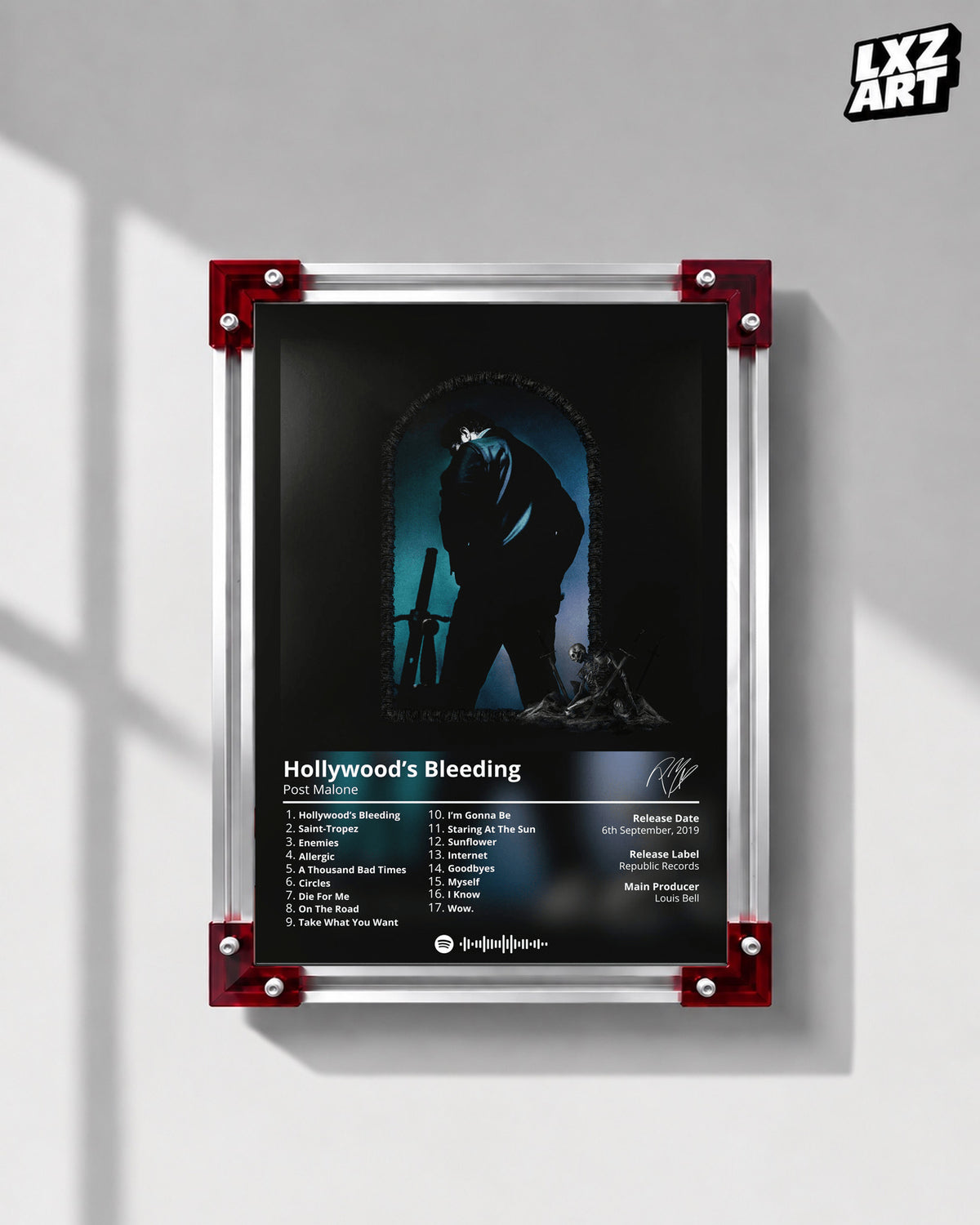 Post Malone Hollywood's Bleeding Tracklist Poster | Unframed Bedroom Wall Art — LXZART display 1; frame not included