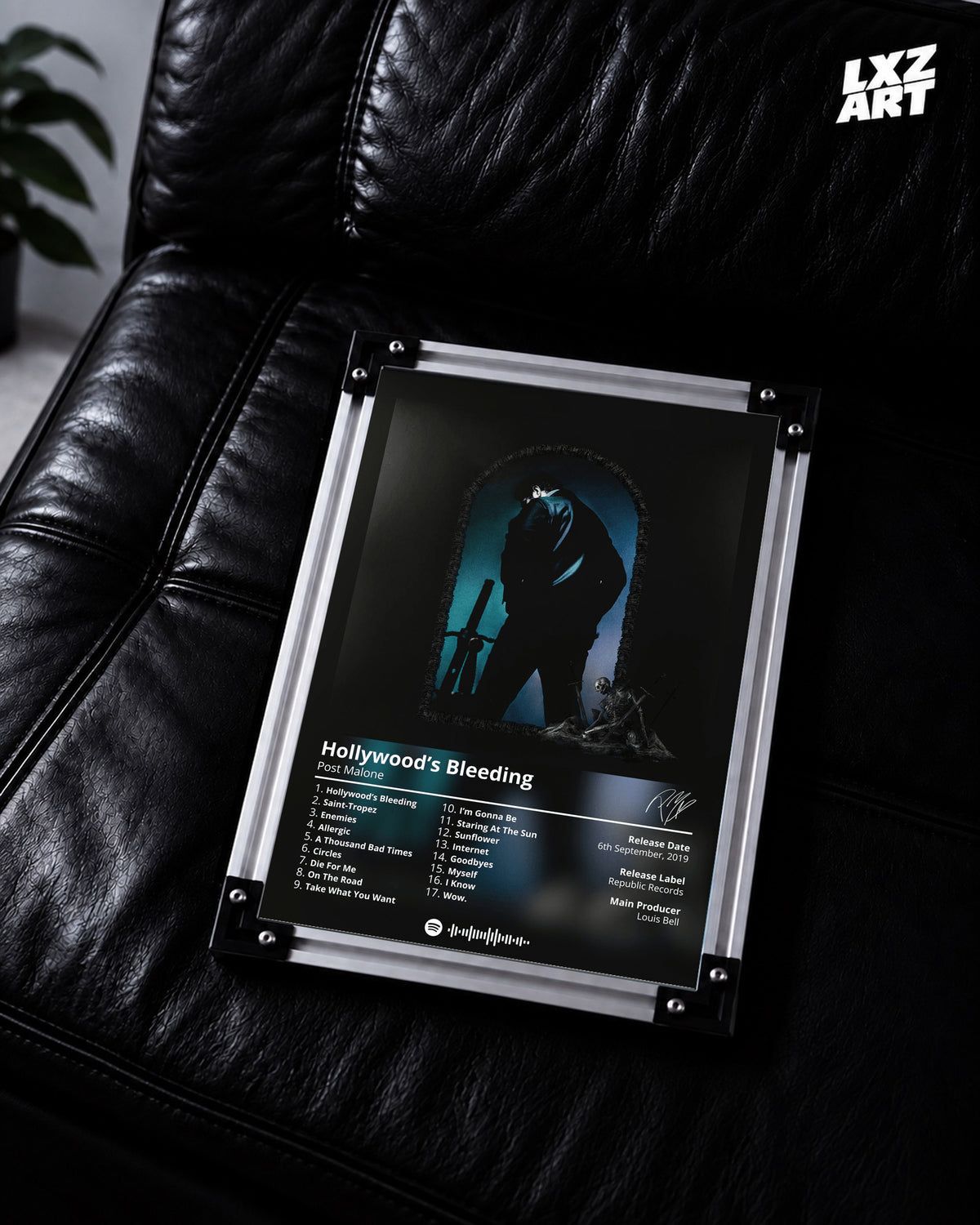 Post Malone Hollywood's Bleeding Tracklist Poster | Unframed Bedroom Wall Art — LXZART display 2; frame not included