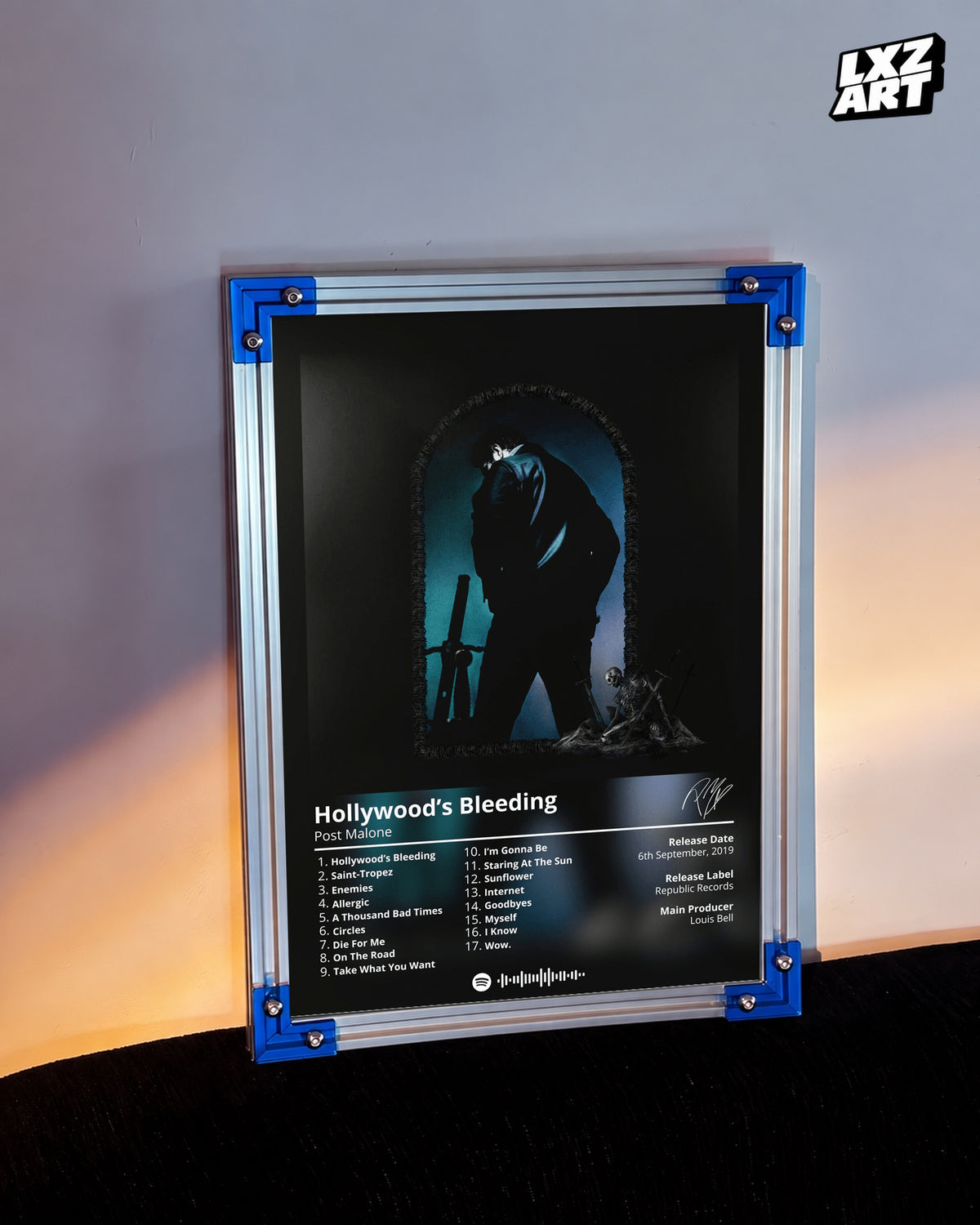 Post Malone Hollywood's Bleeding Tracklist Poster | Unframed Bedroom Wall Art — LXZART display 3; frame not included