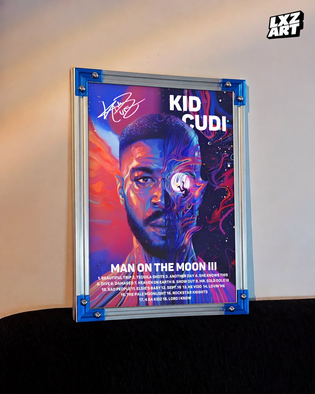 Kid Cudi - "Man On The Moon III" Signature Poster — LXZART display 3; frame not included