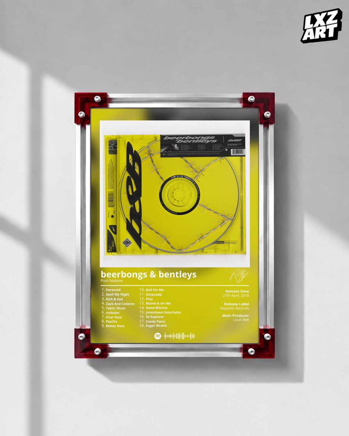 Post Malone beerbongs & bentleys Tracklist Poster | Unframed Bedroom Wall Art — LXZART display 1; frame not included