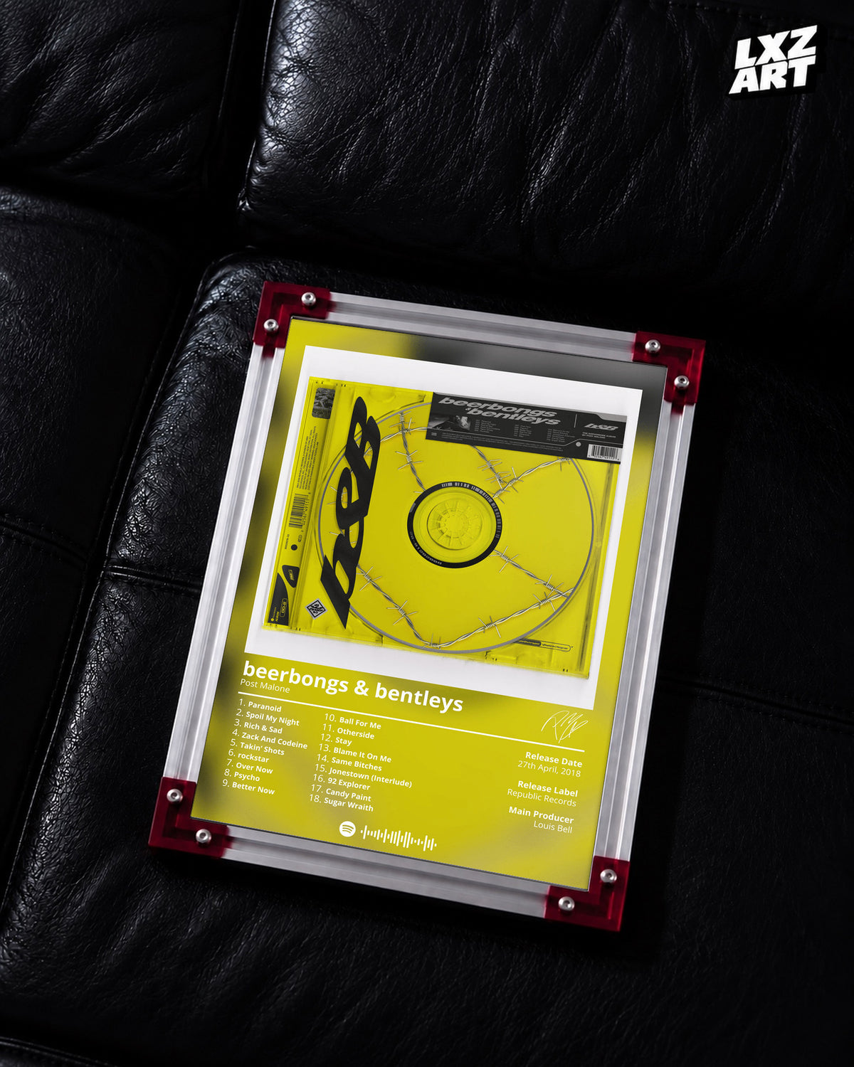 Post Malone beerbongs & bentleys Tracklist Poster | Unframed Bedroom Wall Art — LXZART display 2; frame not included