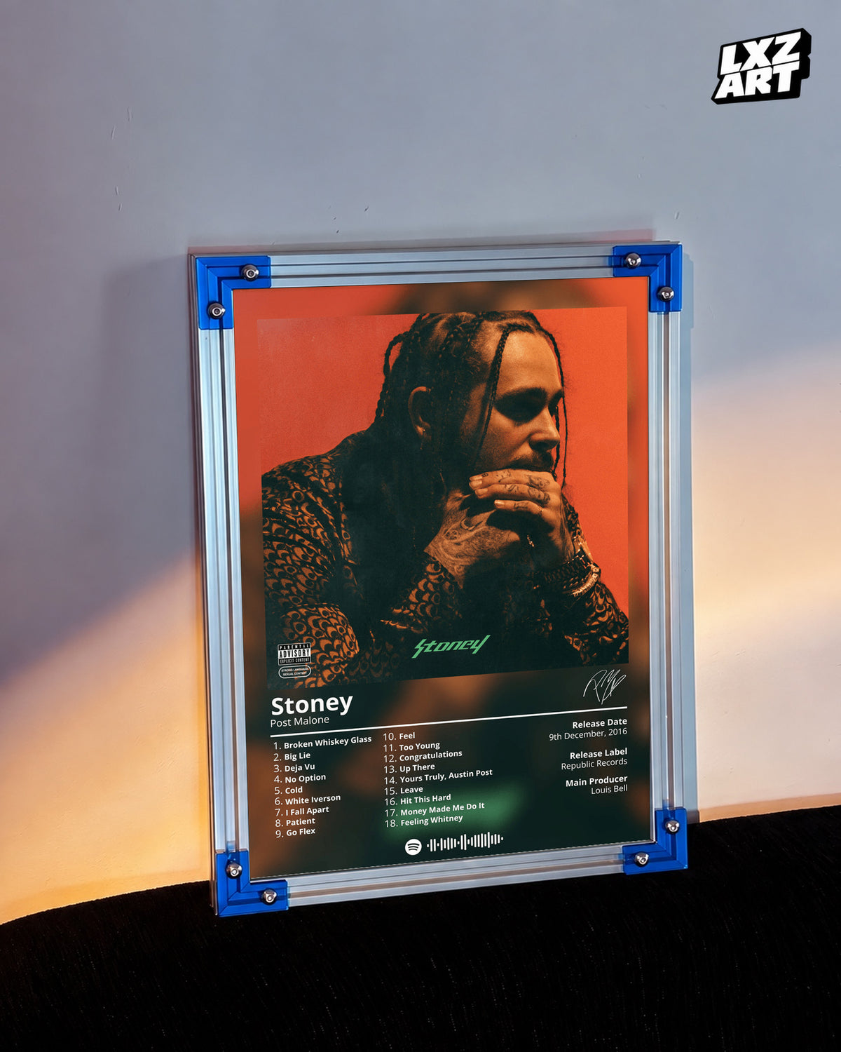 Post Malone Stoney Tracklist Poster | Unframed Bedroom Wall Art — LXZART display 3; frame not included
