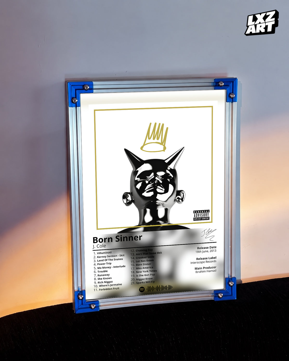 J. Cole Born Sinner Album Poster 1 — LXZART display 3; frame not included
