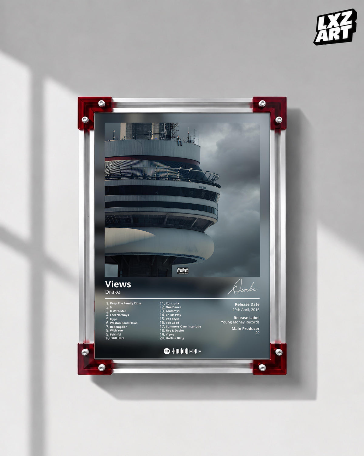 Drake Views Album Tracklist Poster | Unframed Hip Hop Wall Art — LXZART display 1; frame not included