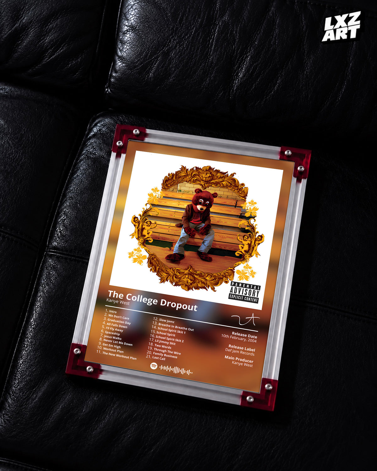 Kanye West The College Dropout Album Tracklist Poster | Unframed Hip Hop Wall Art — LXZART display 2; frame not included