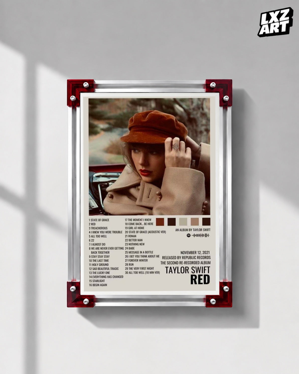 Taylor Swift Red (Taylor's Version) Neutral Tracklist Poster | Unframed — LXZART display 1; frame not included
