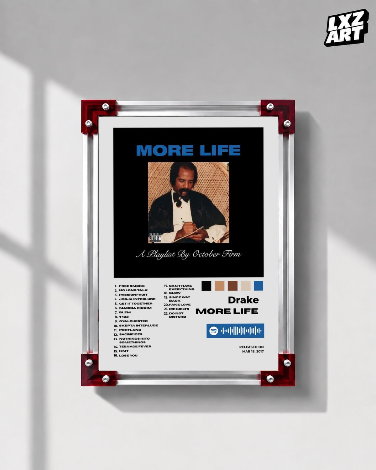 Drake More Life Album Tracklist Poster | Unframed Hip Hop Wall Art — LXZART display 1; frame not included