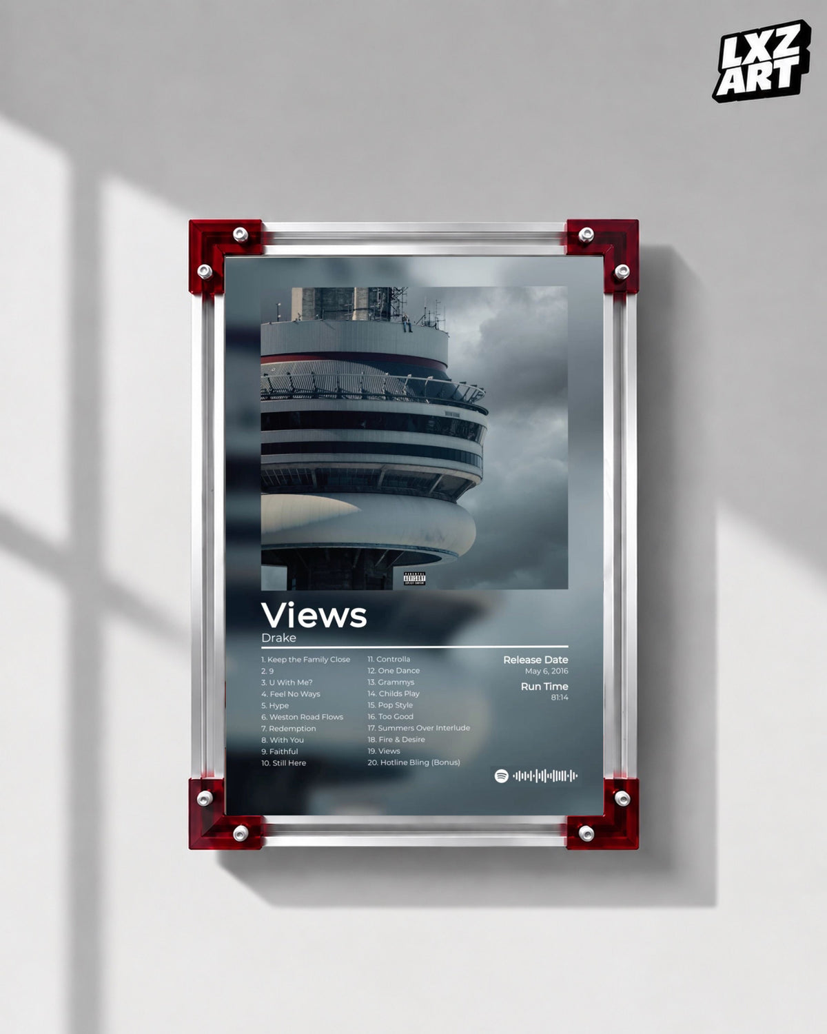 Drake Views Album Tracklist Poster | Unframed Toronto Hip Hop Wall Art — LXZART display 1; frame not included