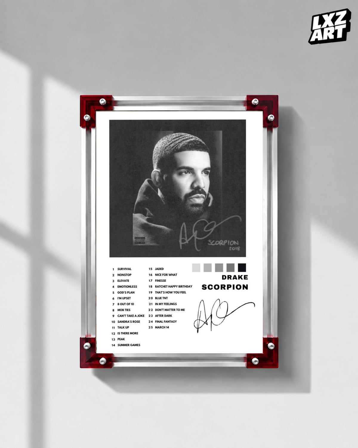 Drake Scorpion Album Tracklist Poster | Take Care Deluxe | Unframed Hip Hop Wall Art — LXZART display 1; frame not included